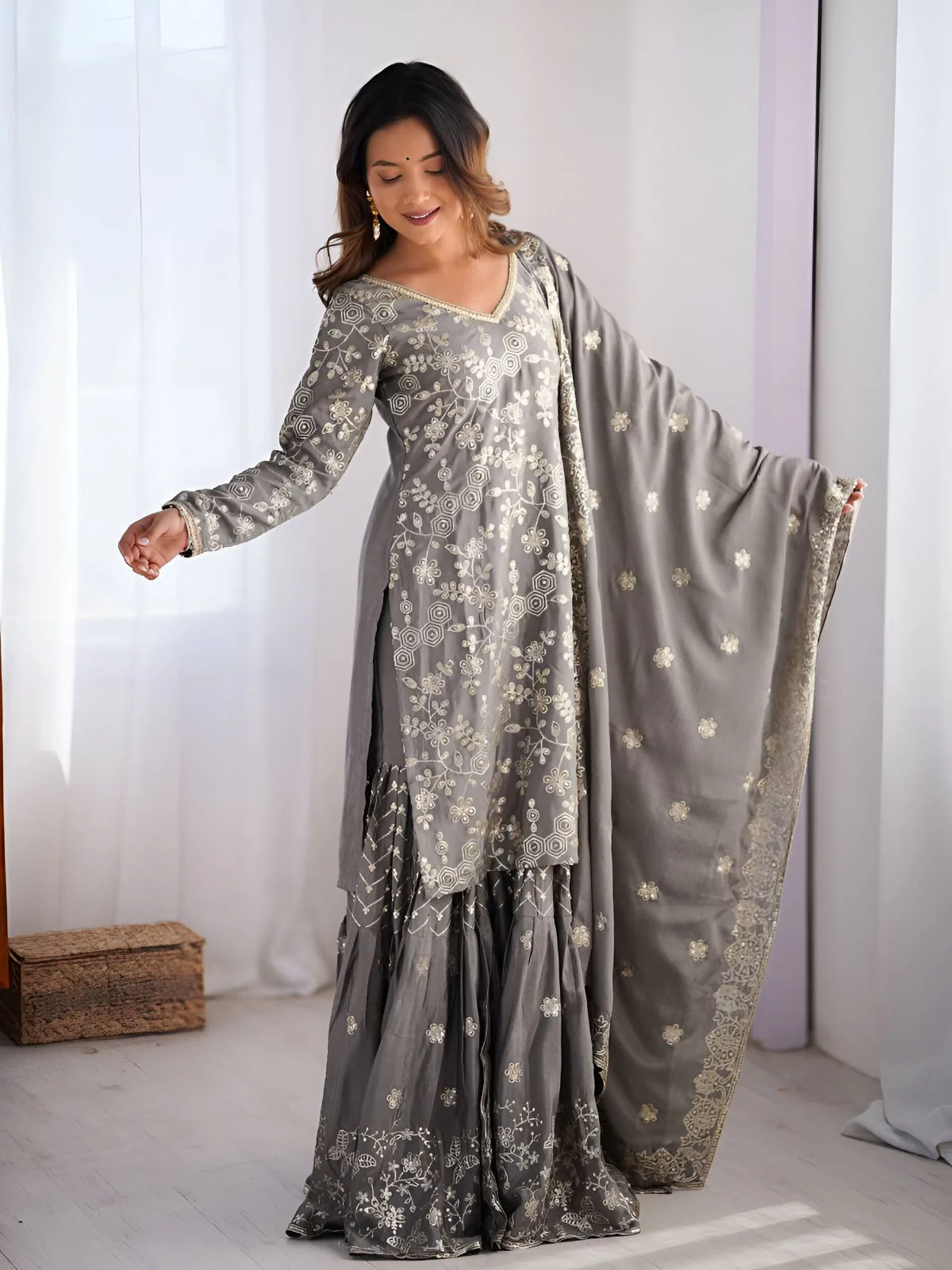 Odette Grey Chinon Silk Embroidery & Sequins Kurta Set For Women - Image 2