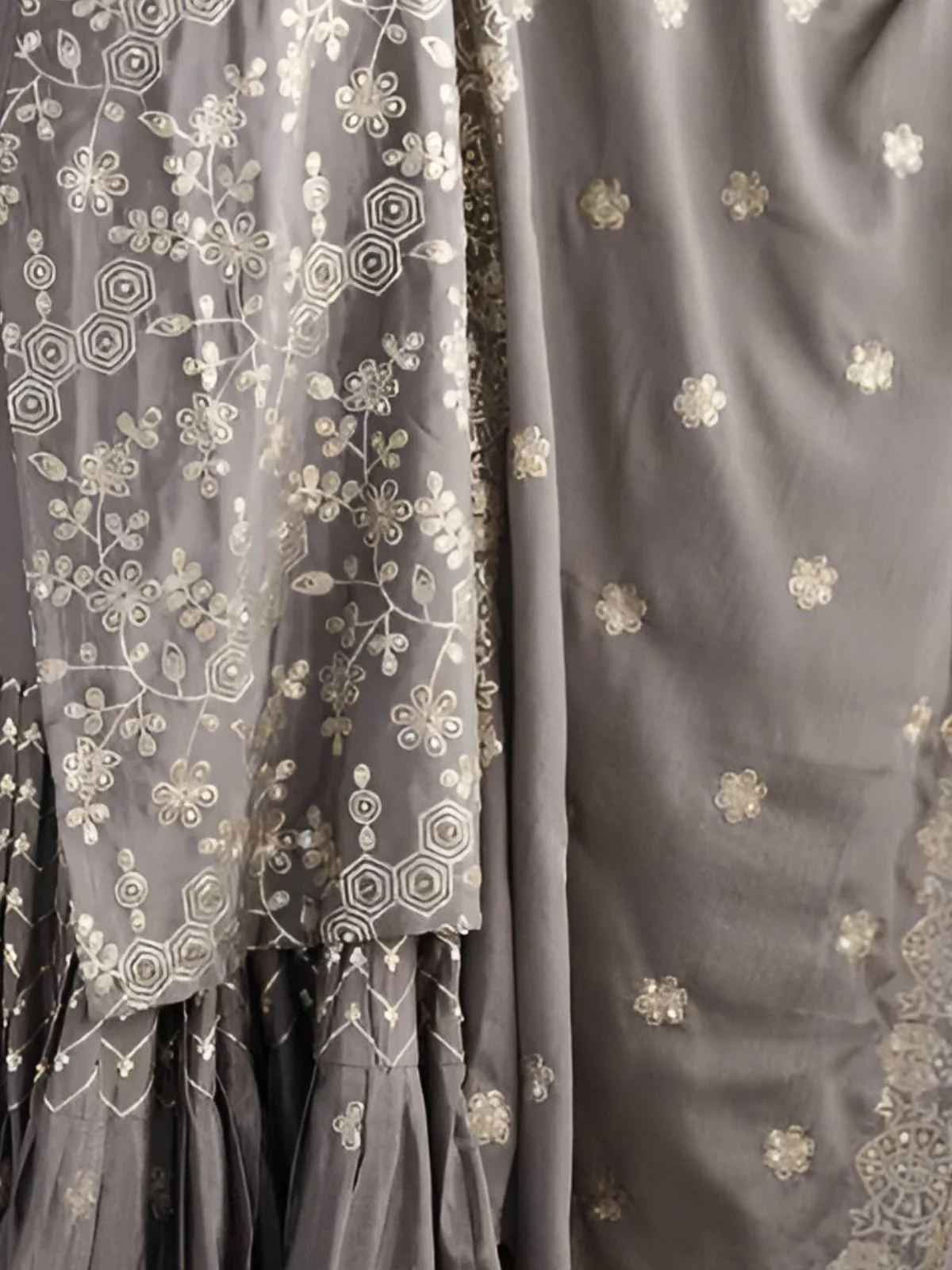 Odette Grey Chinon Silk Embroidery & Sequins Kurta Set For Women - Image 4