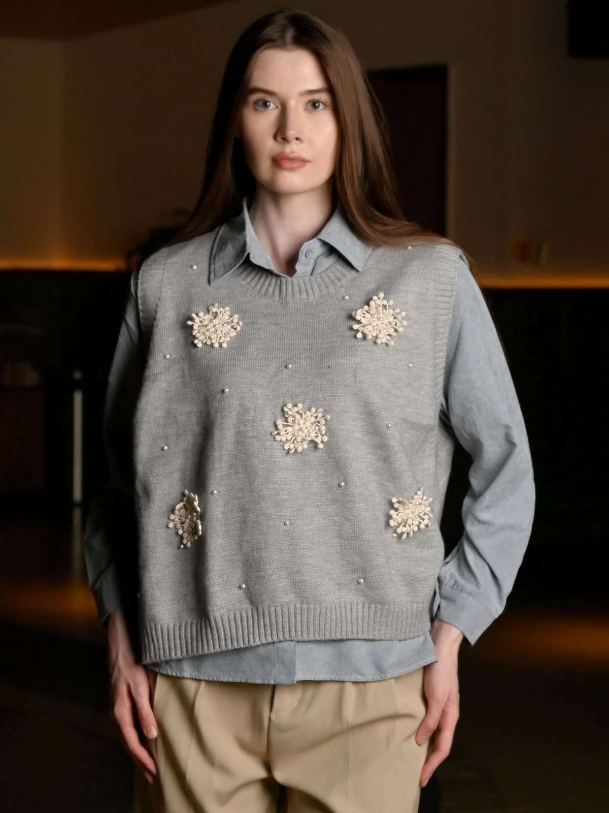 Odette Grey Cotton Blend Solid Top For Women - Image 2