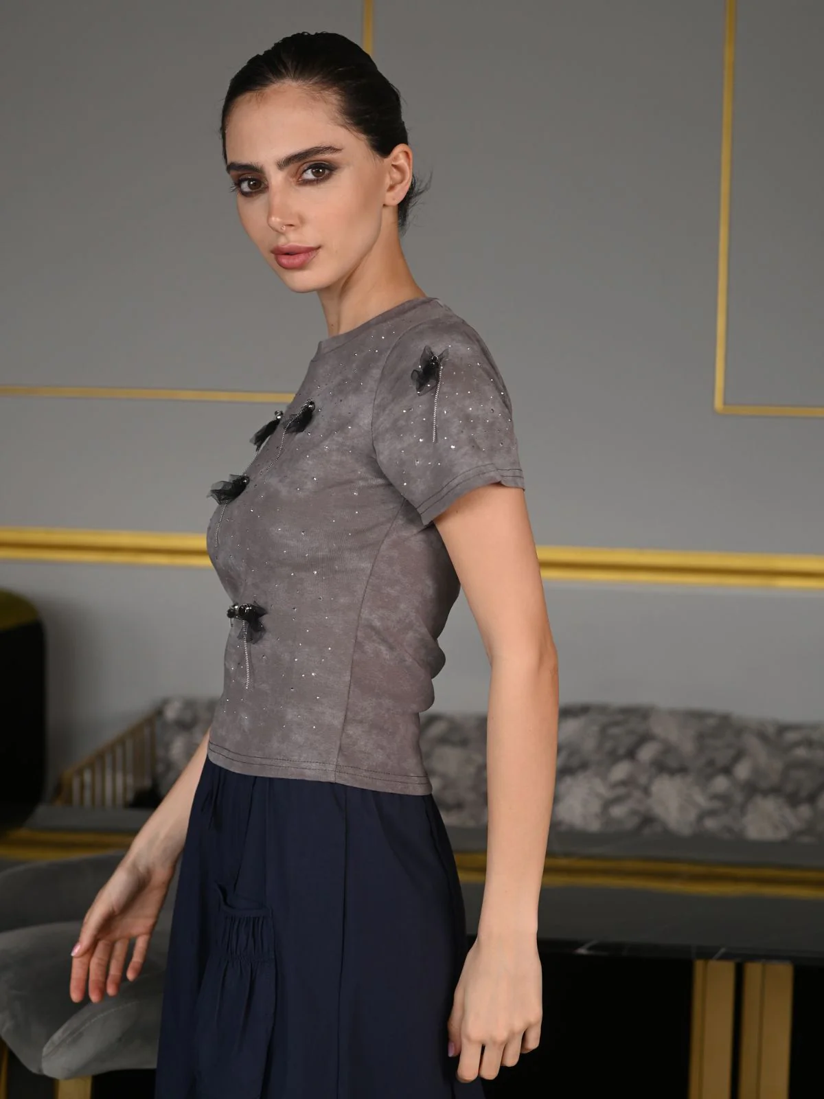 Odette Grey Cotton Jersey Embellished T-Shirt For Women - Image 4