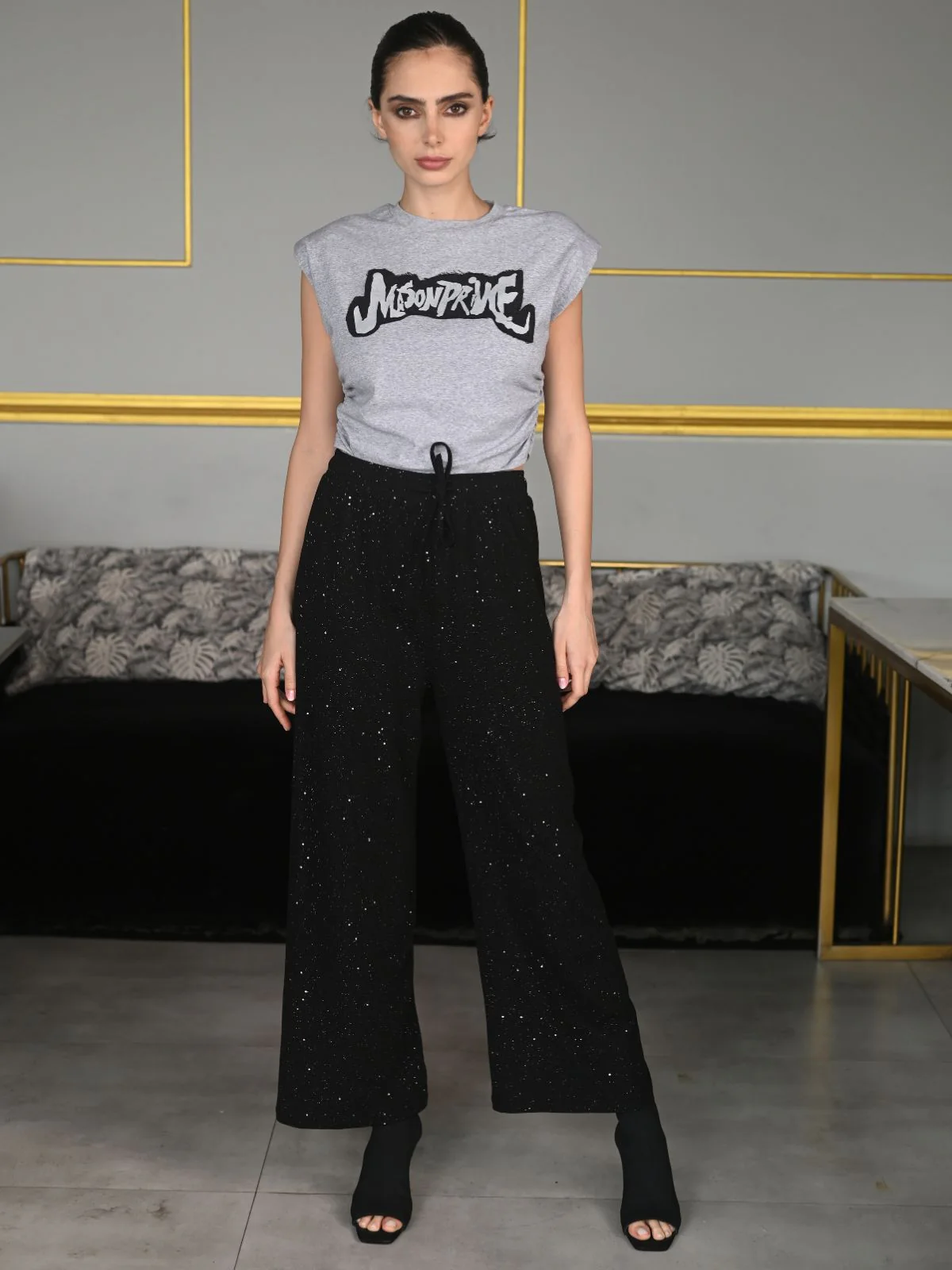Odette Grey Cotton Jersey Embellished Top For Women - Image 2