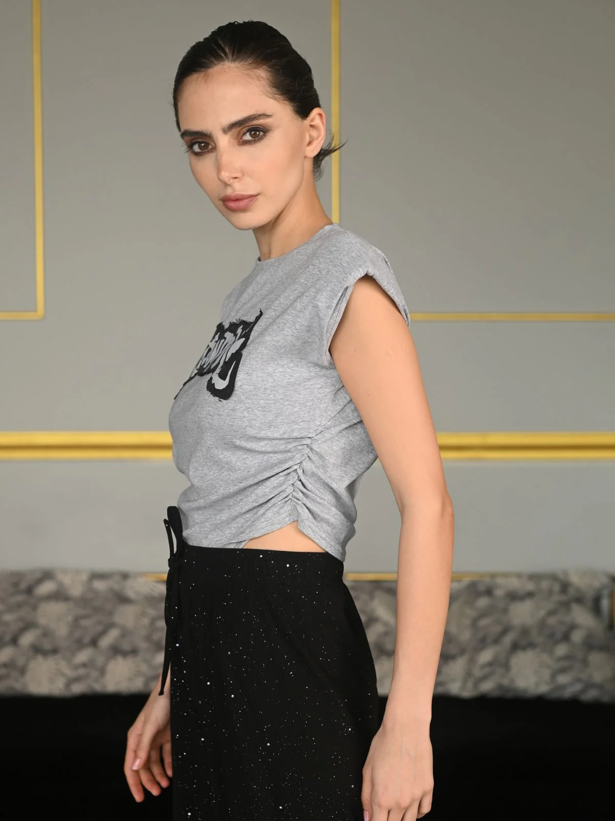 Odette Grey Cotton Jersey Embellished Top For Women - Image 3