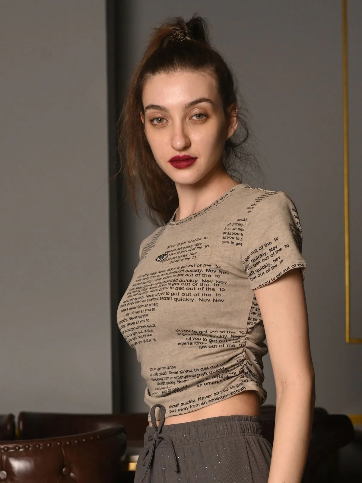 Odette Beige Cotton Jersey Printed Top For Women - Image 3