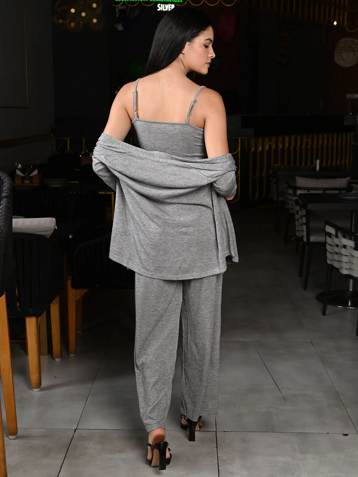 Odette Grey Cotton Jersey Solid Shrug With Co-Ord Set For Women - Image 4
