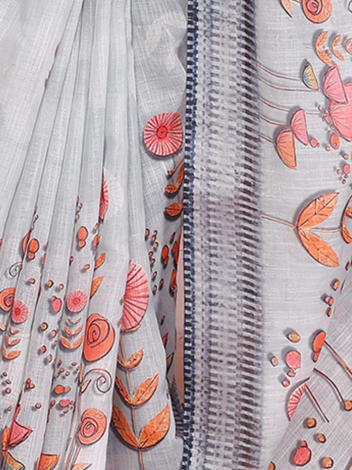 Odette Grey Cotton Linen Printed Saree For Women - Image 4
