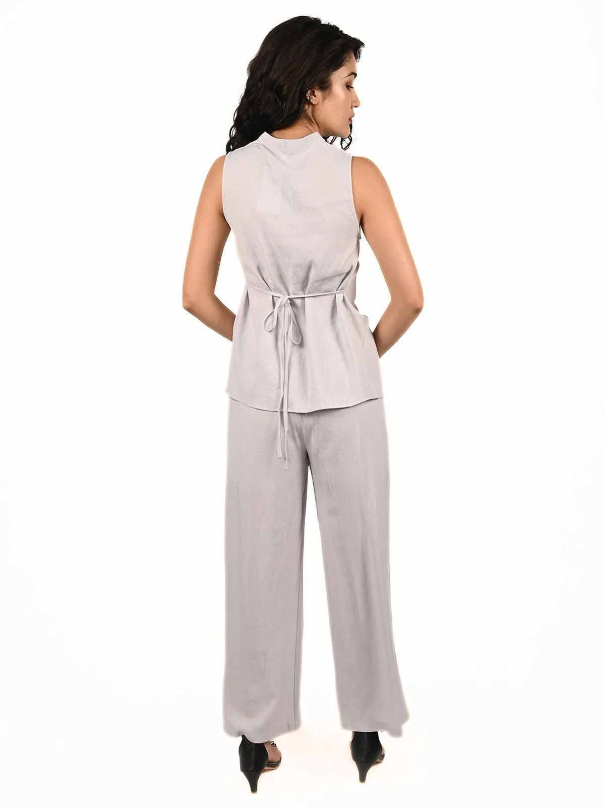 Odette Grey Cotton Linen Solid Co-Ord Set For Women - Image 3
