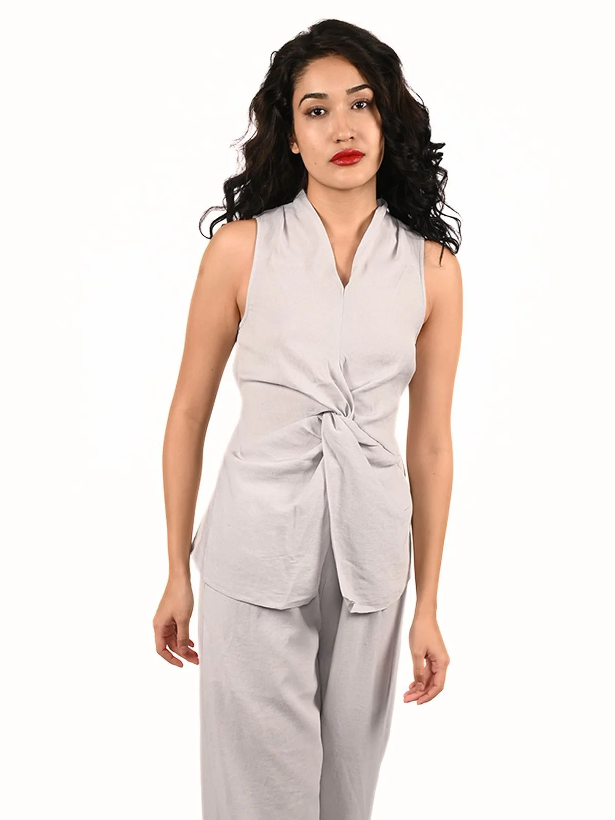 Odette Grey Cotton Linen Solid Co-Ord Set For Women - Image 4
