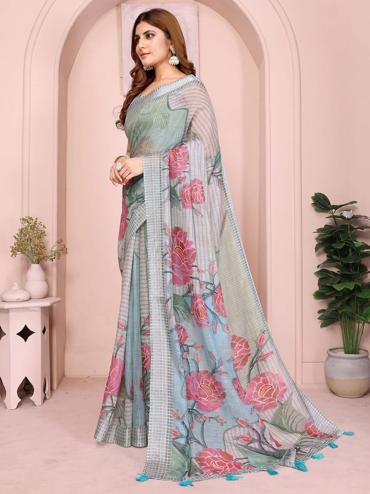 Odette Grey Cotton Linen Solid Printed Saree For Women - Image 2