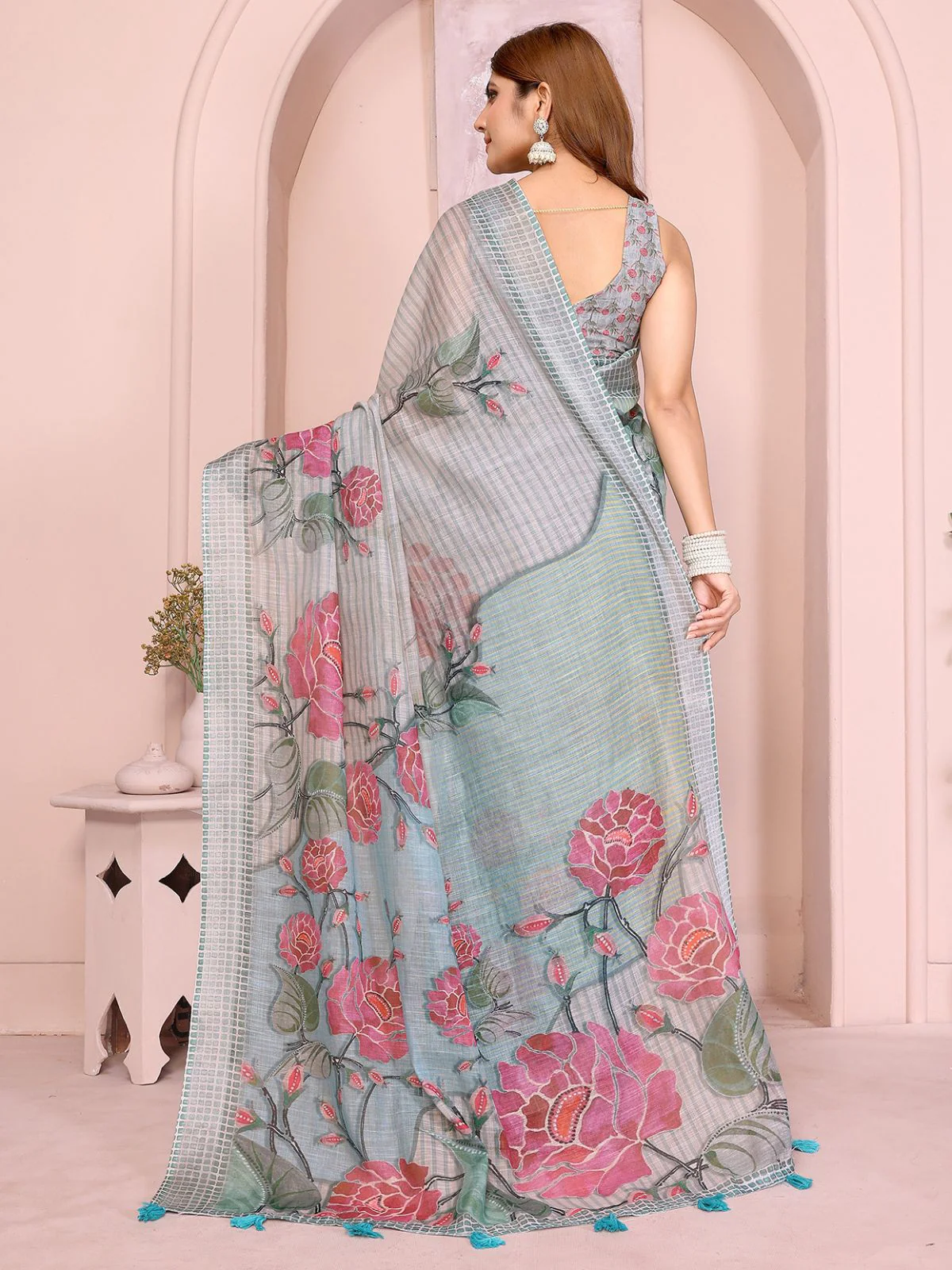 Odette Grey Cotton Linen Solid Printed Saree For Women - Image 3