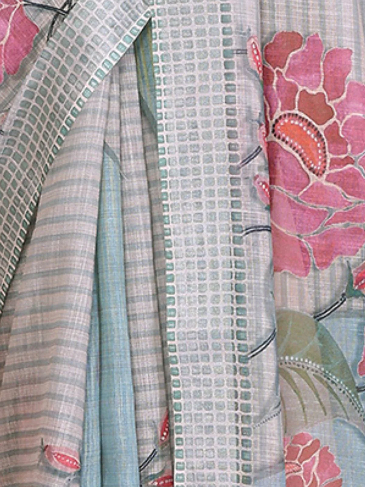 Odette Grey Cotton Linen Solid Printed Saree For Women - Image 5