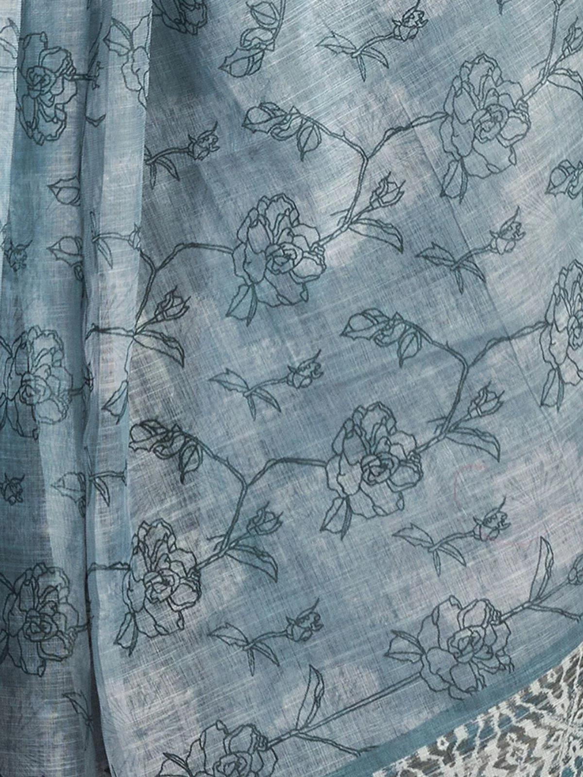 Odette Grey Cotton Linen Zari Work Saree For Women - Image 6