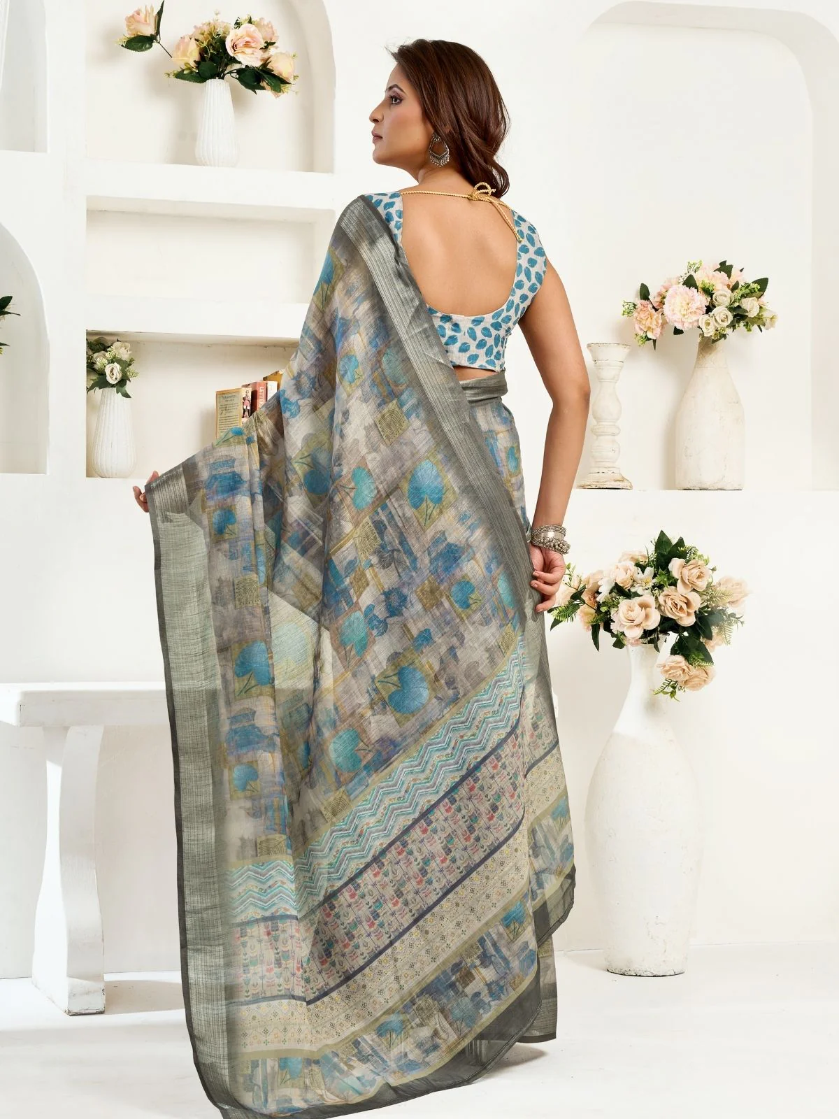 Odette Grey Cotton Linen Zari Work Saree For Women - Image 4