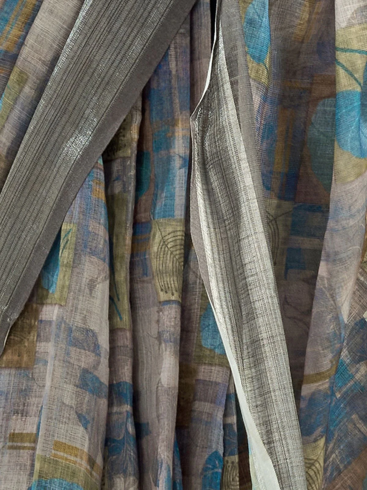 Odette Grey Cotton Linen Zari Work Saree For Women - Image 5