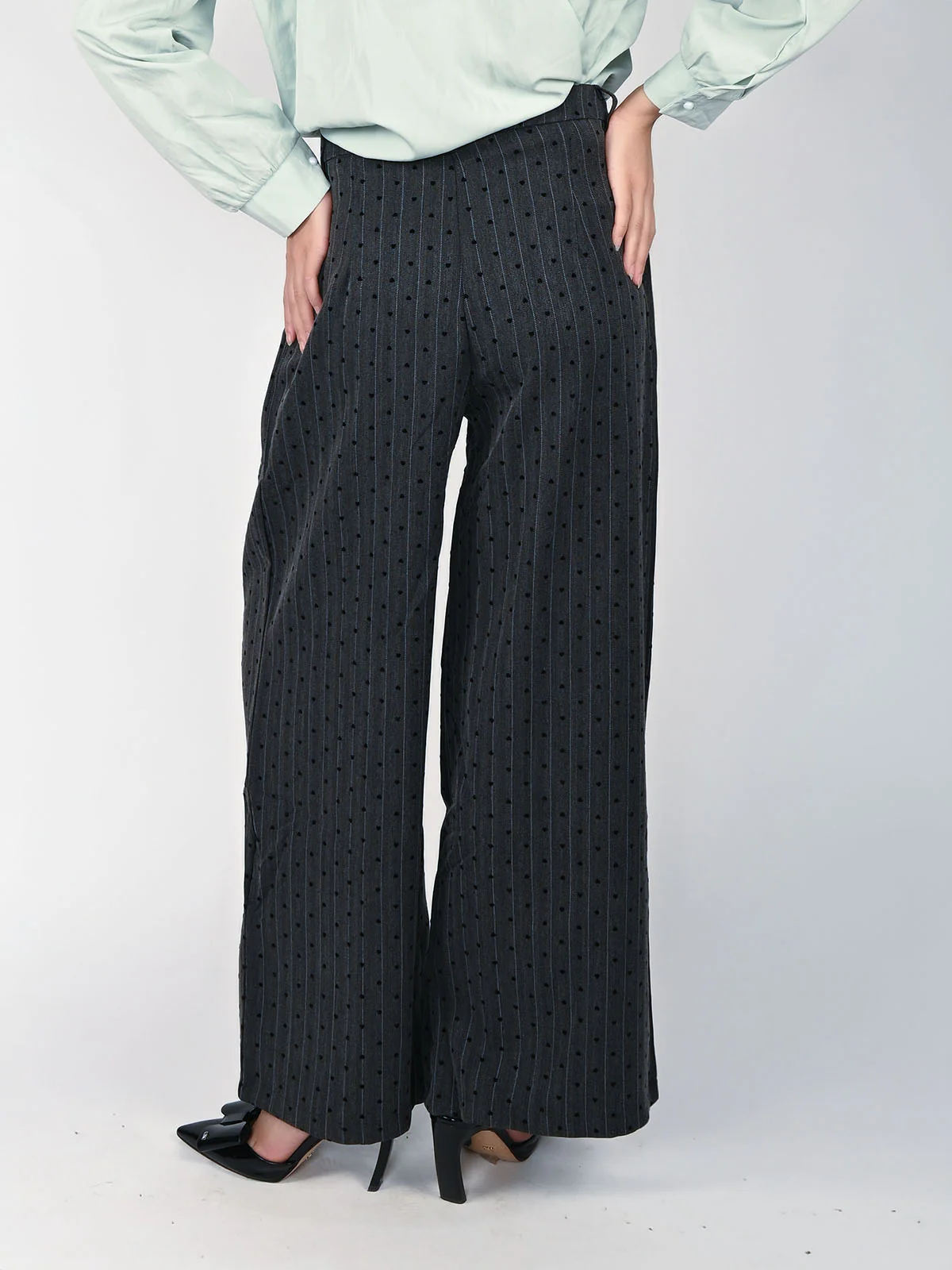Odette Grey Cotton Polyester Self Design Trouser For Women - Image 4
