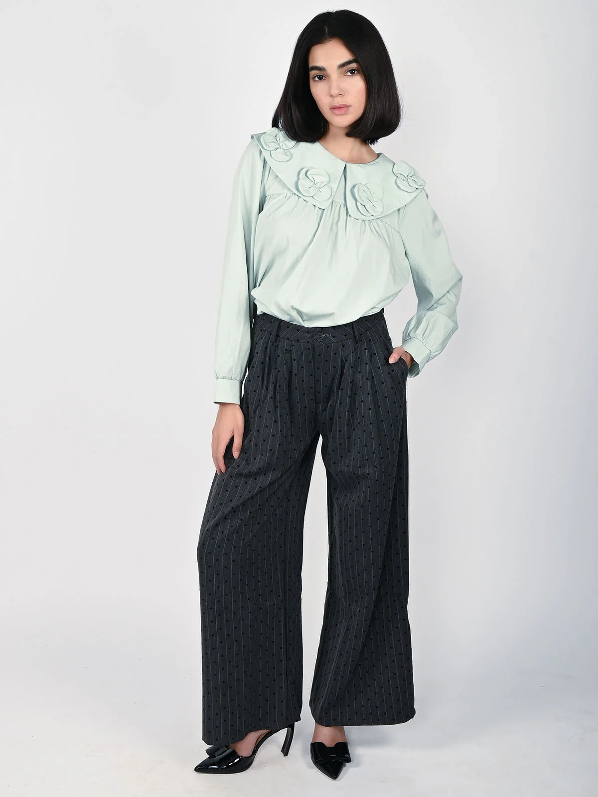 Odette Grey Cotton Polyester Self Design Trouser For Women - Image 5