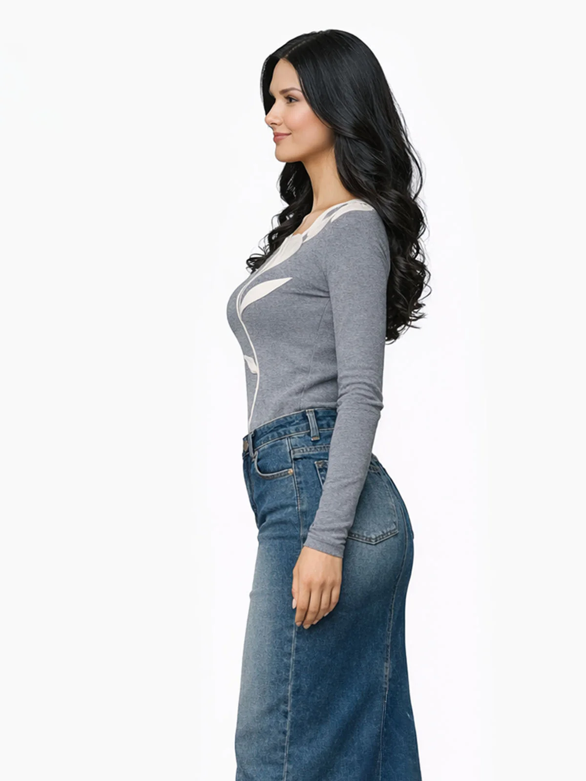 Odette Grey Cotton Rib Floral Applique Top For Women - Image 2