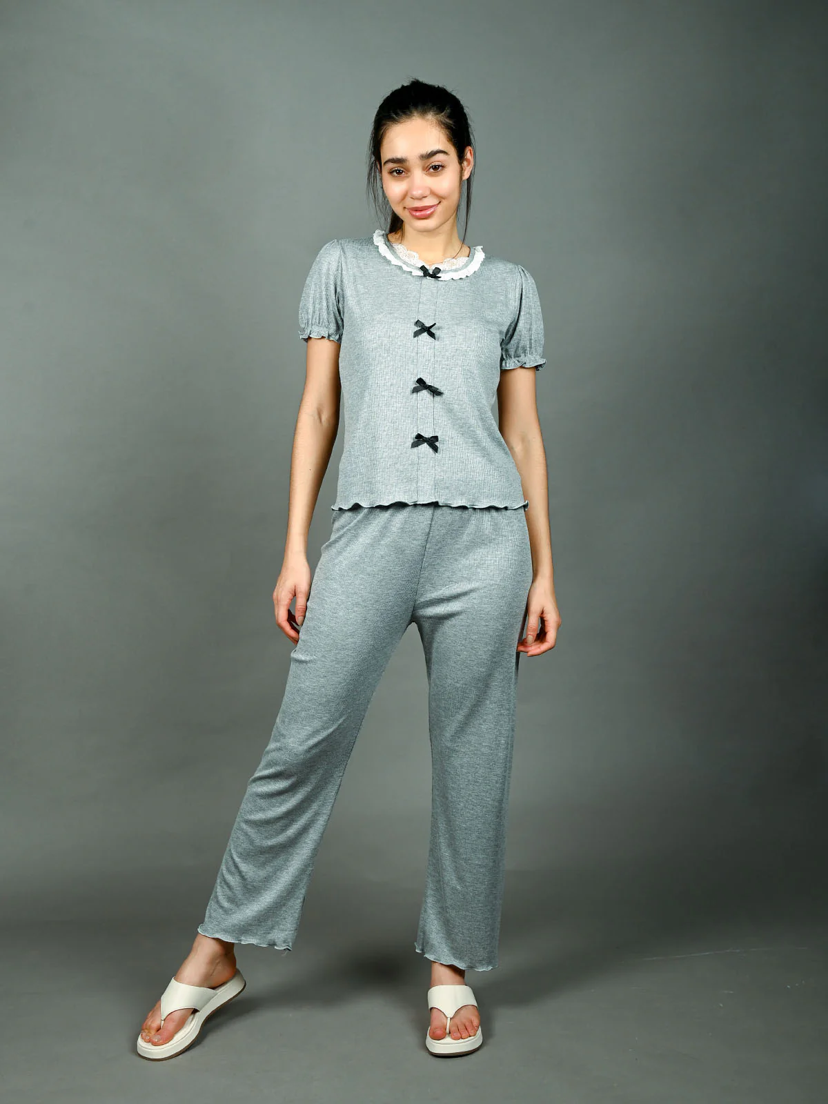 Odette Grey Cotton Rib Solid Night Wear Set For Women - Image 2