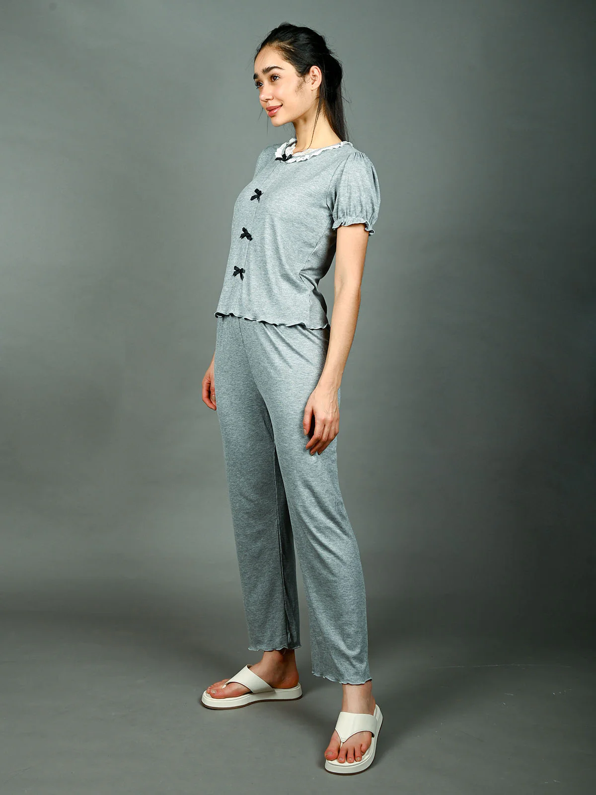 Odette Grey Cotton Rib Solid Night Wear Set For Women - Image 3