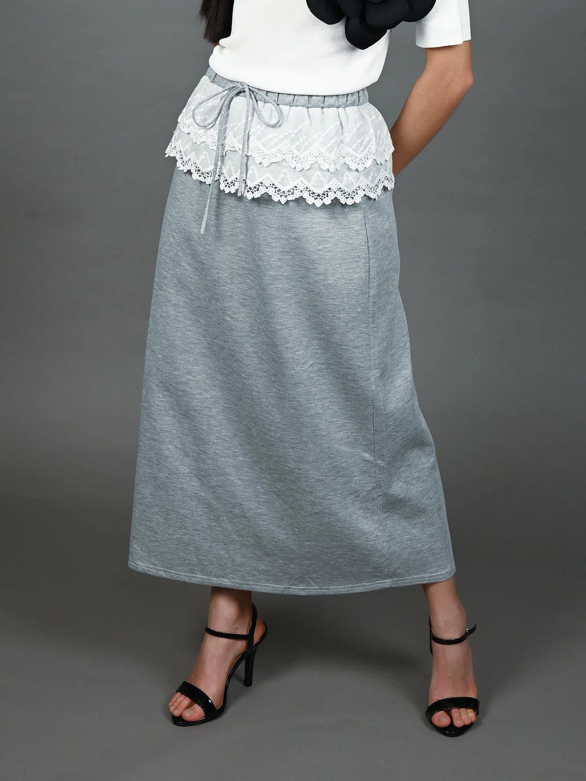 Odette Grey Cotton Rib Solid Skirt For Women - Image 3