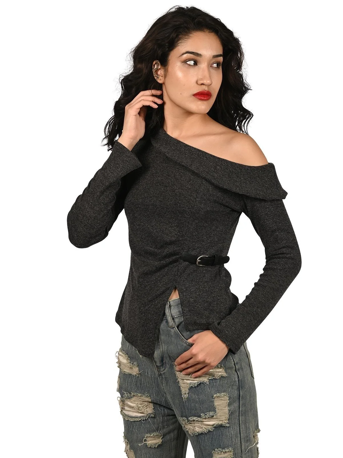 Odette Grey Cotton Rib Solid Top For Women - Image 2
