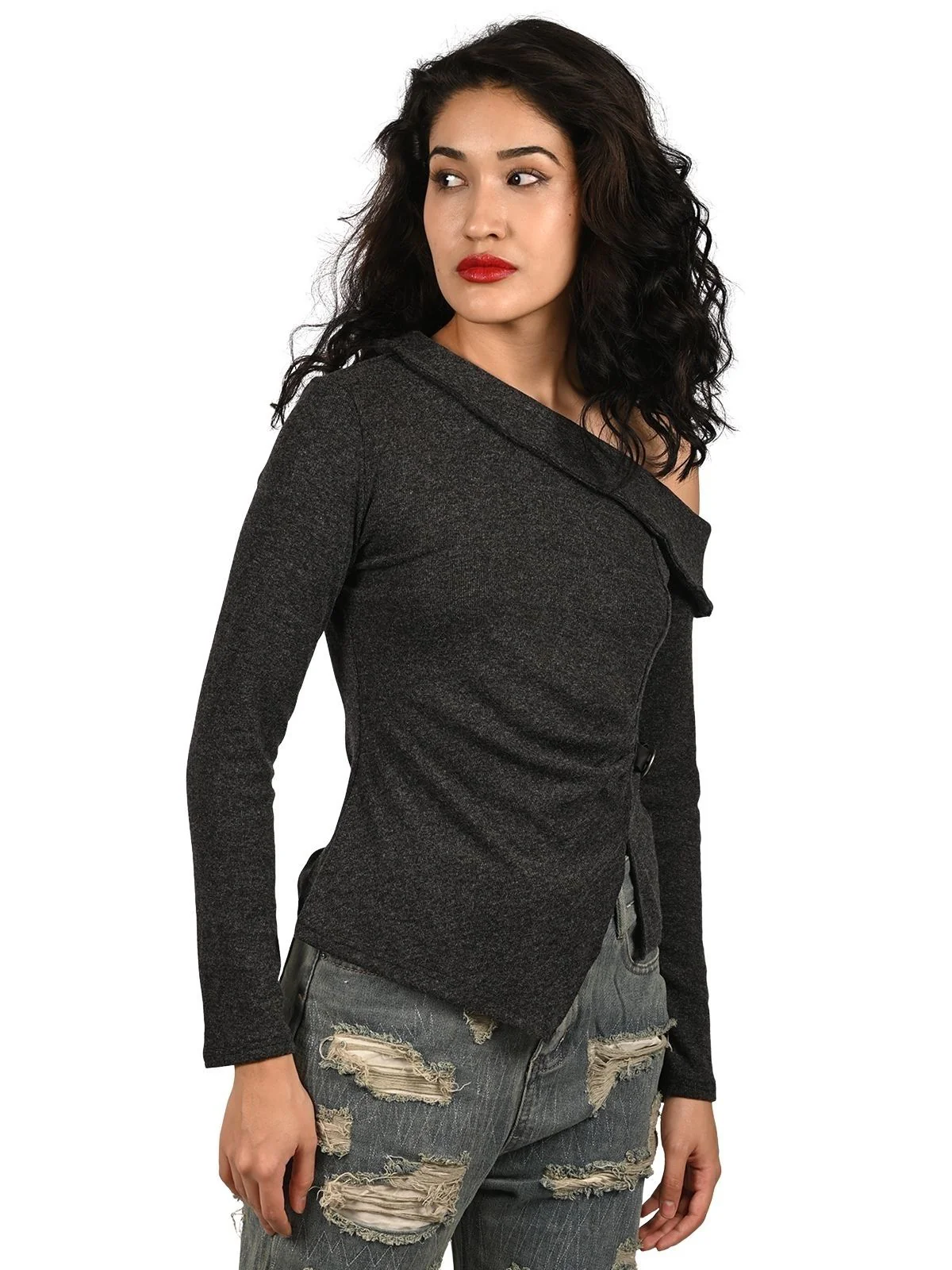 Odette Grey Cotton Rib Solid Top For Women - Image 3