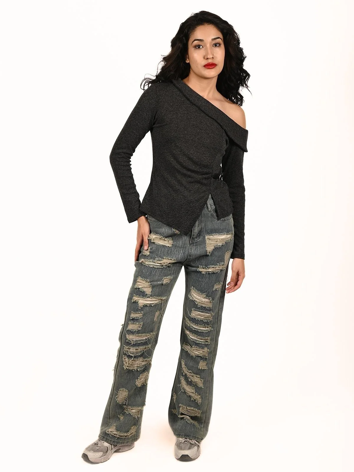 Odette Grey Cotton Rib Solid Top For Women - Image 4