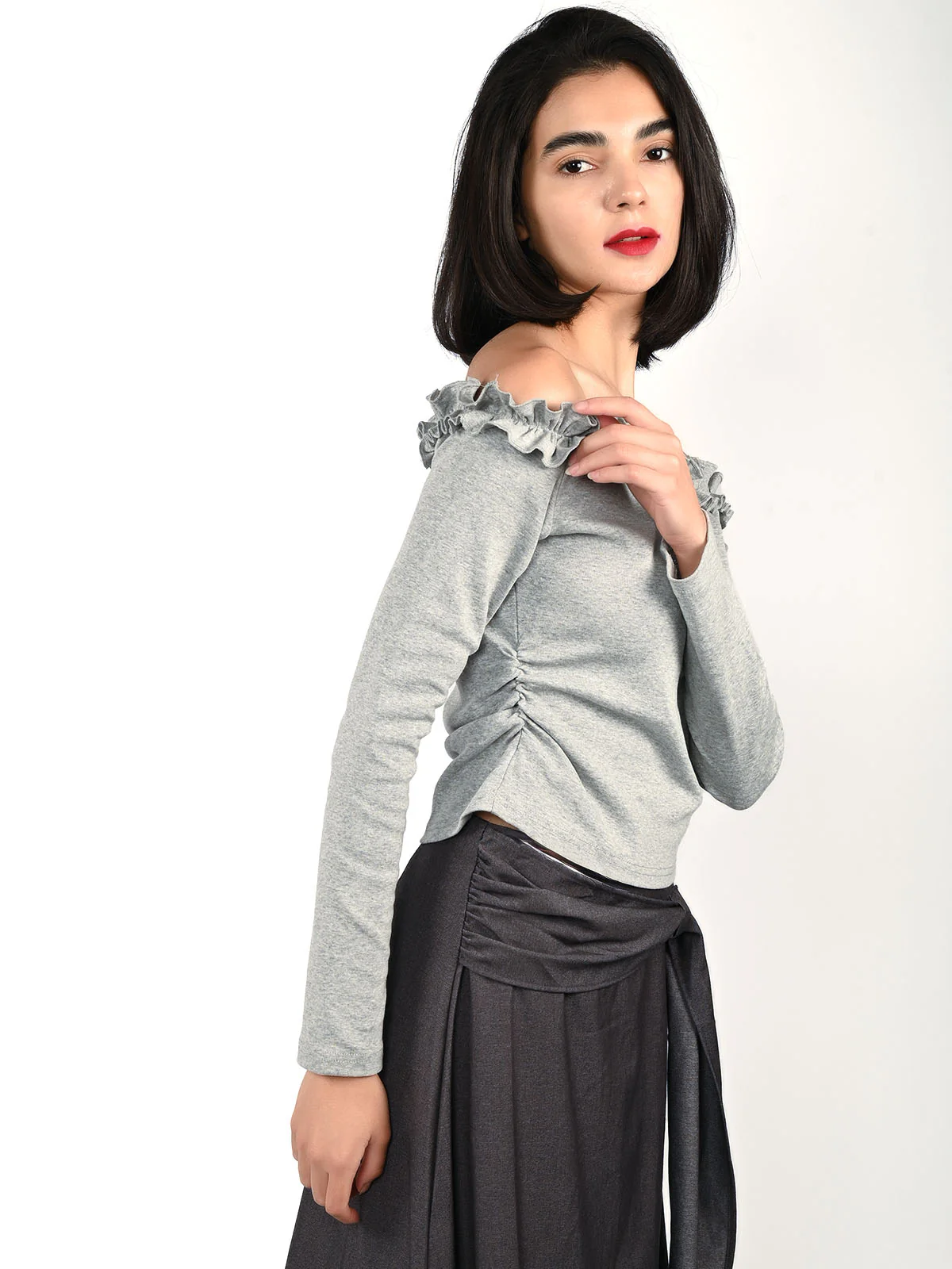 Odette Grey Cotton Rib Solid Top For Women - Image 2