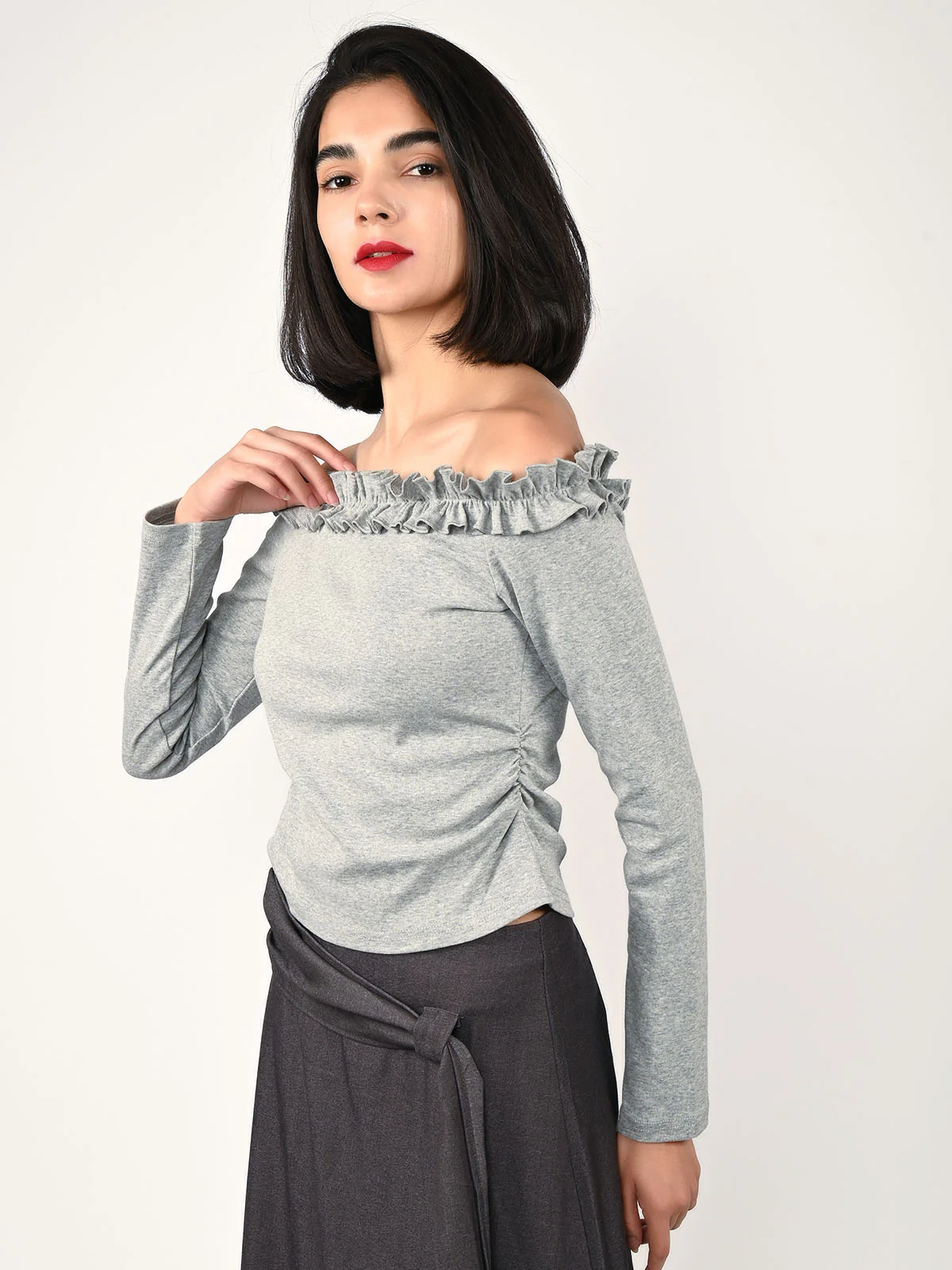Odette Grey Cotton Rib Solid Top For Women - Image 3