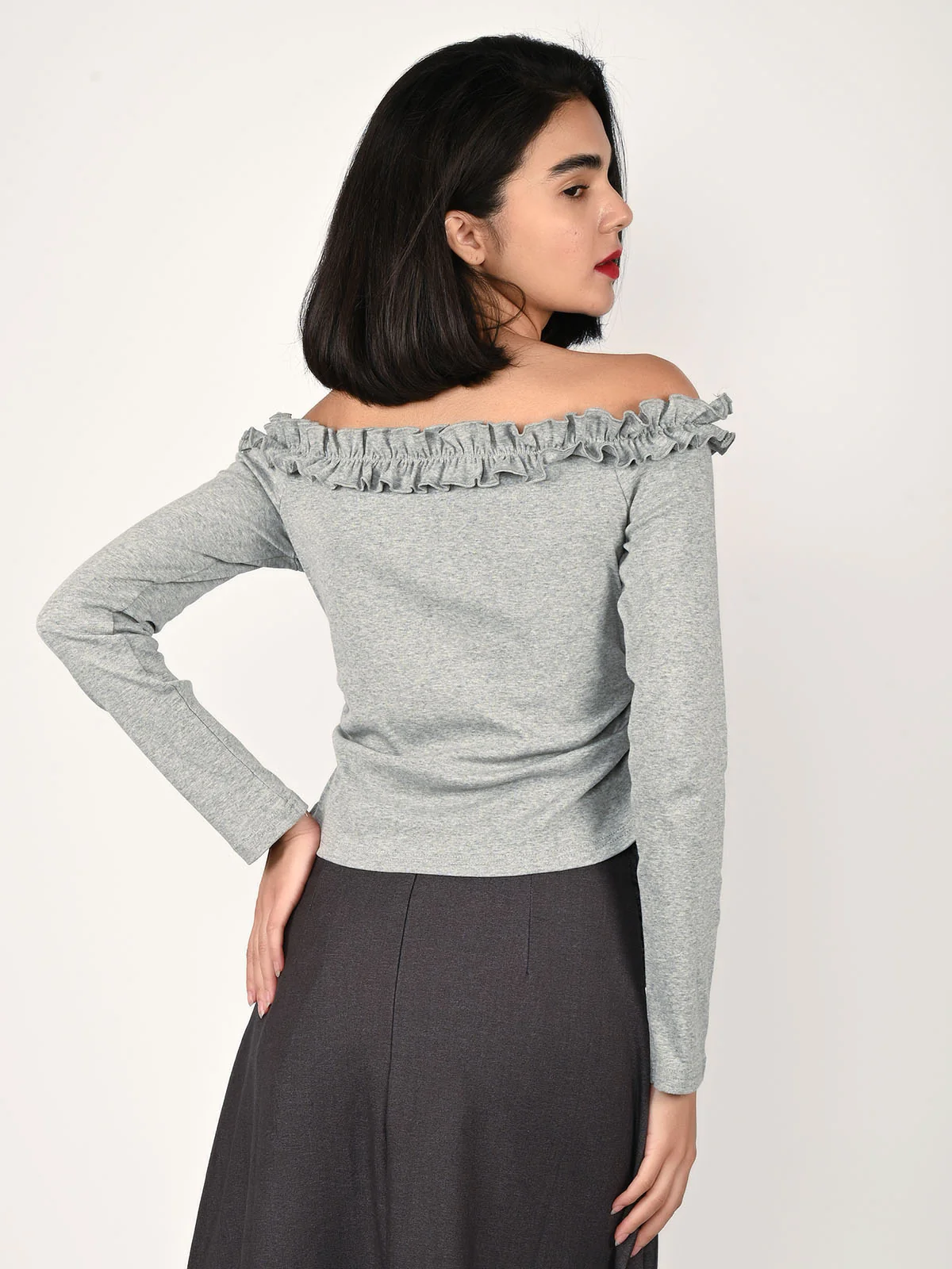 Odette Grey Cotton Rib Solid Top For Women - Image 4