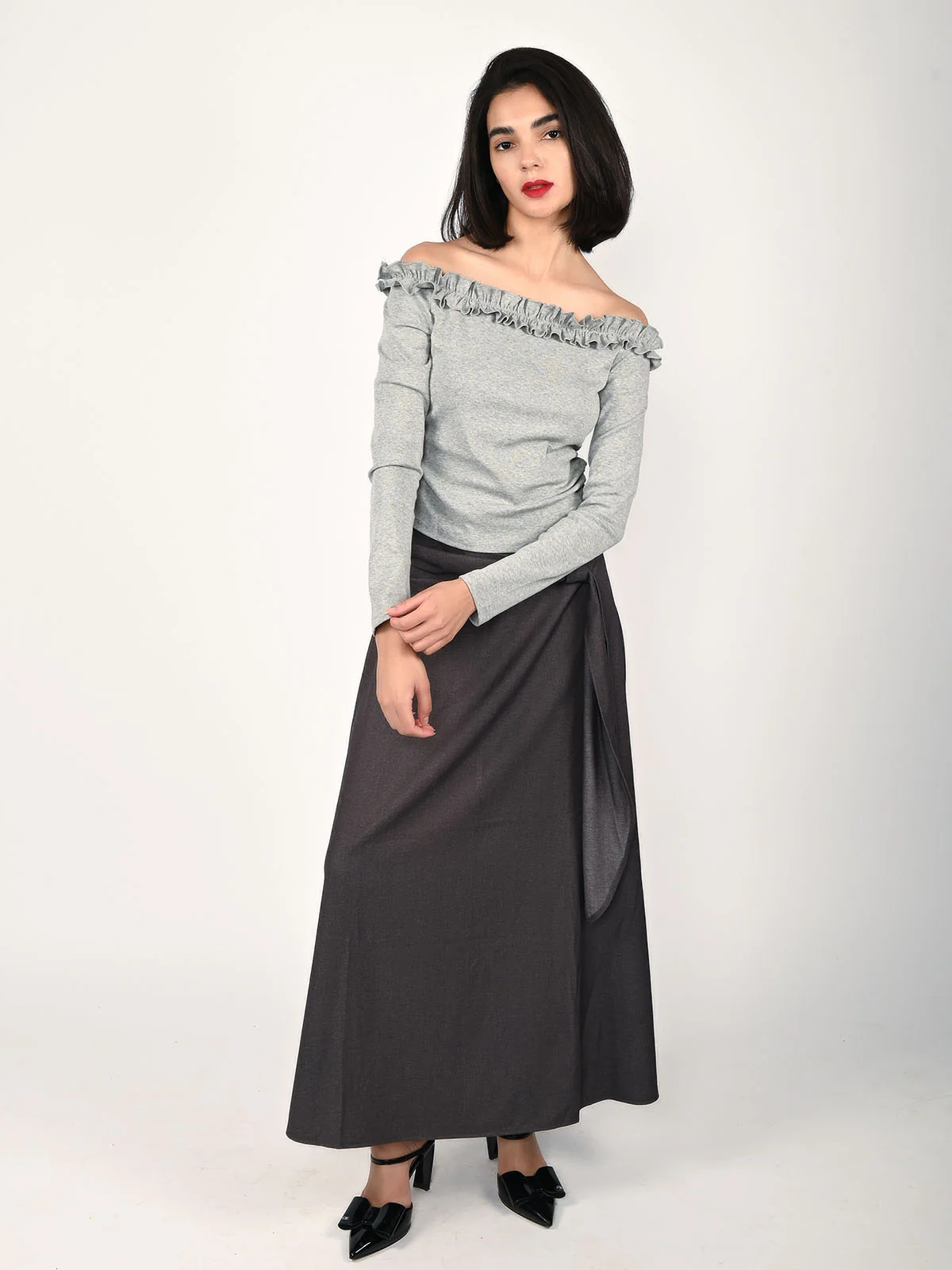 Odette Grey Cotton Rib Solid Top For Women - Image 5