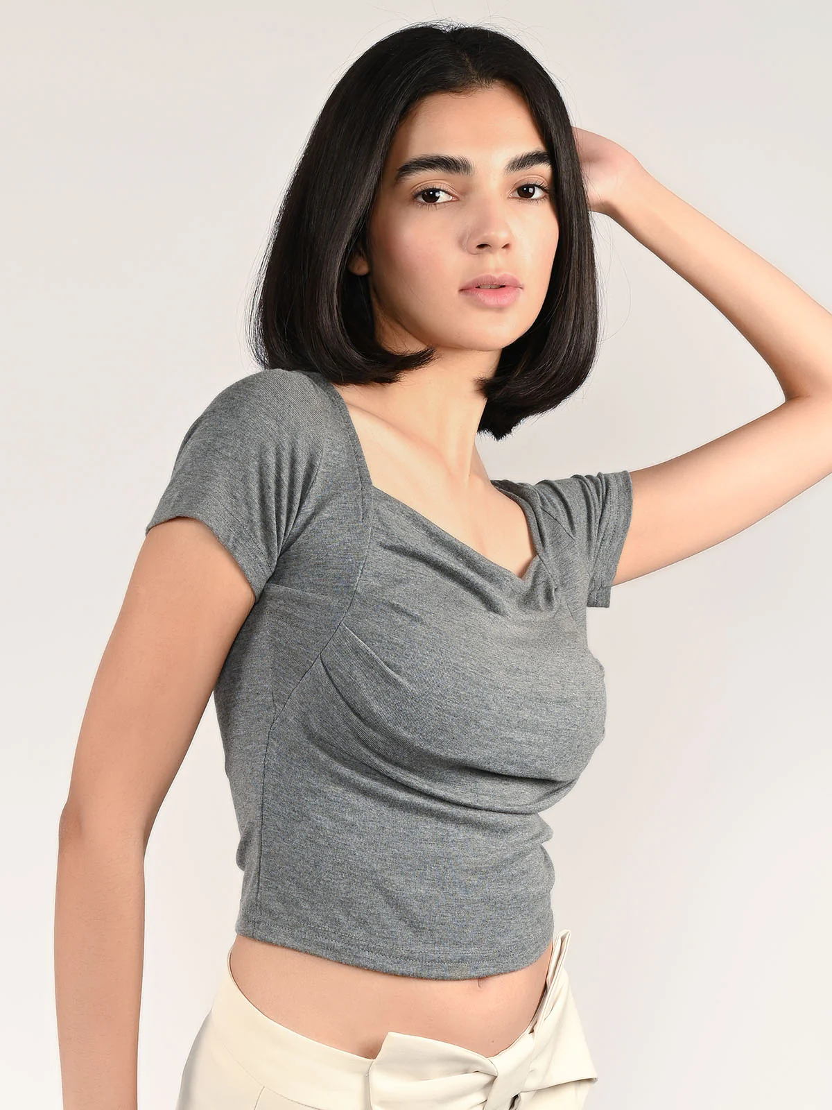 Odette Grey Cotton Rib Solid Top For Women - Image 2