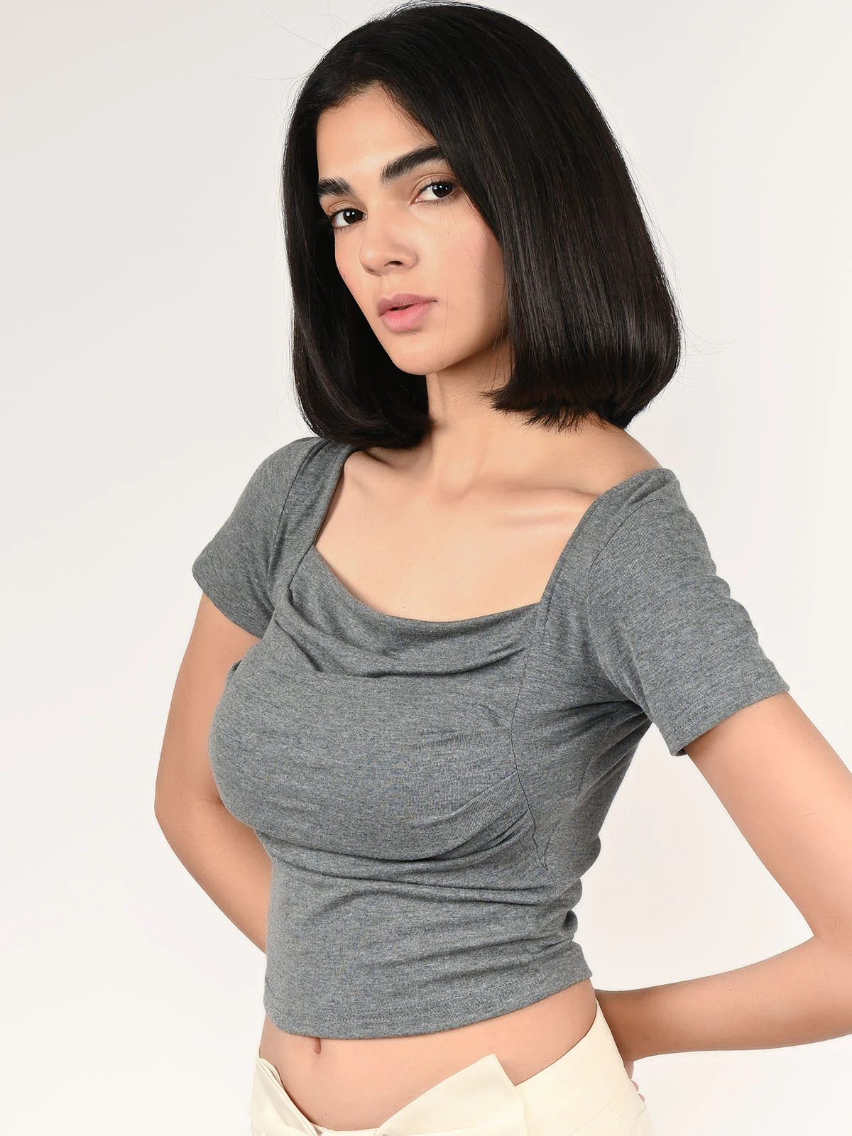 Odette Grey Cotton Rib Solid Top For Women - Image 3