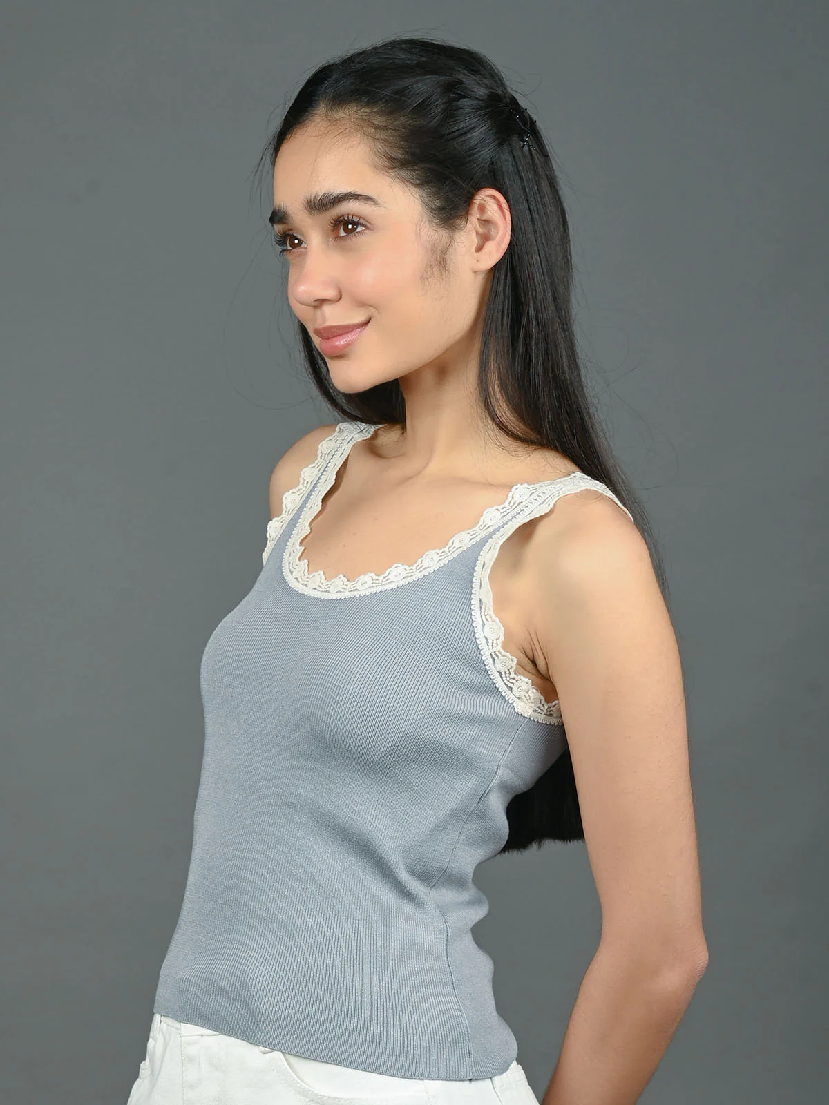 Odette Grey Cotton Rib Solid With Lace Work Top For Women - Image 2
