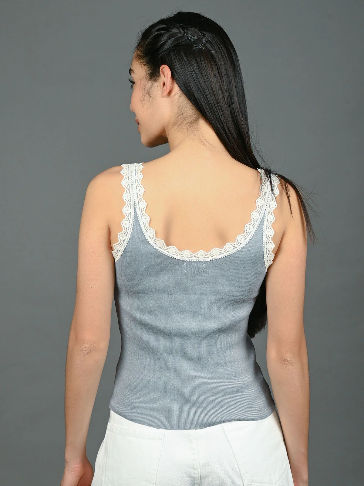 Odette Grey Cotton Rib Solid With Lace Work Top For Women - Image 3