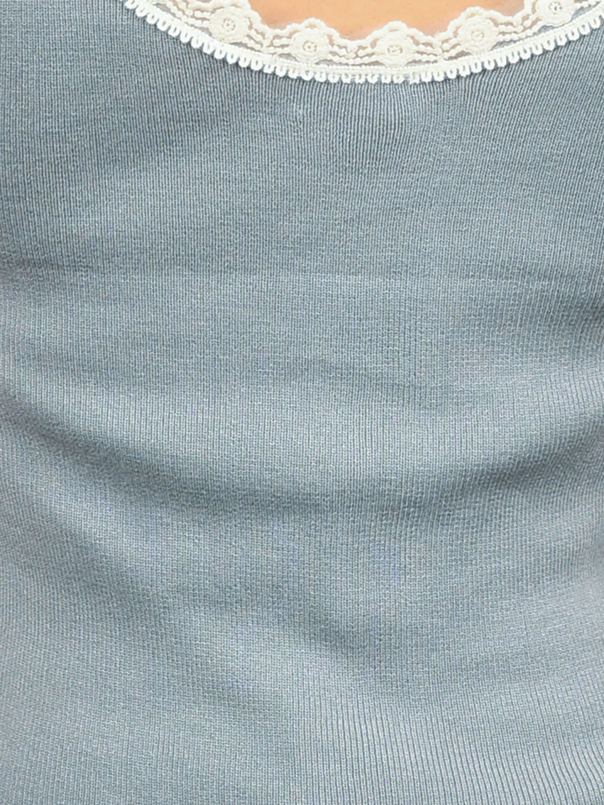Odette Grey Cotton Rib Solid With Lace Work Top For Women - Image 4
