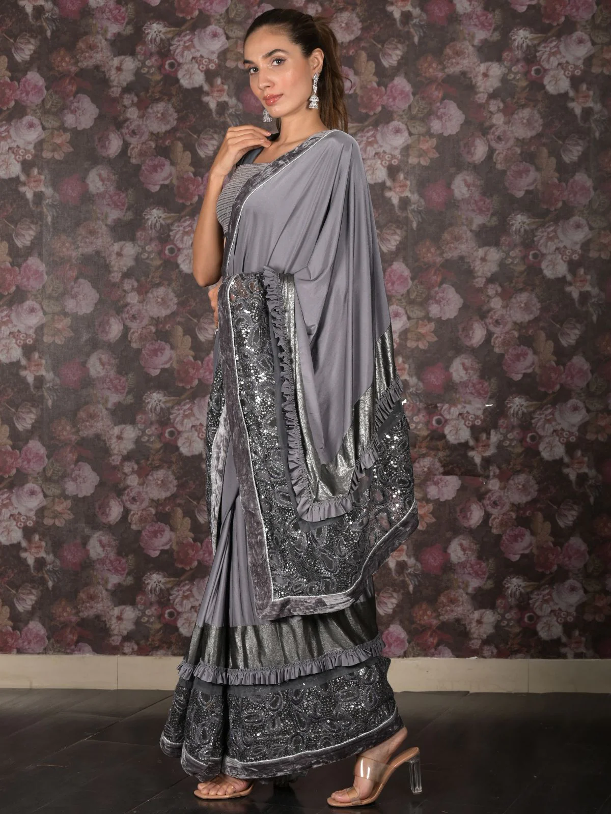 Odette Grey Embellished Lycra Saree With Unstitched Blouse For Women - Image 2
