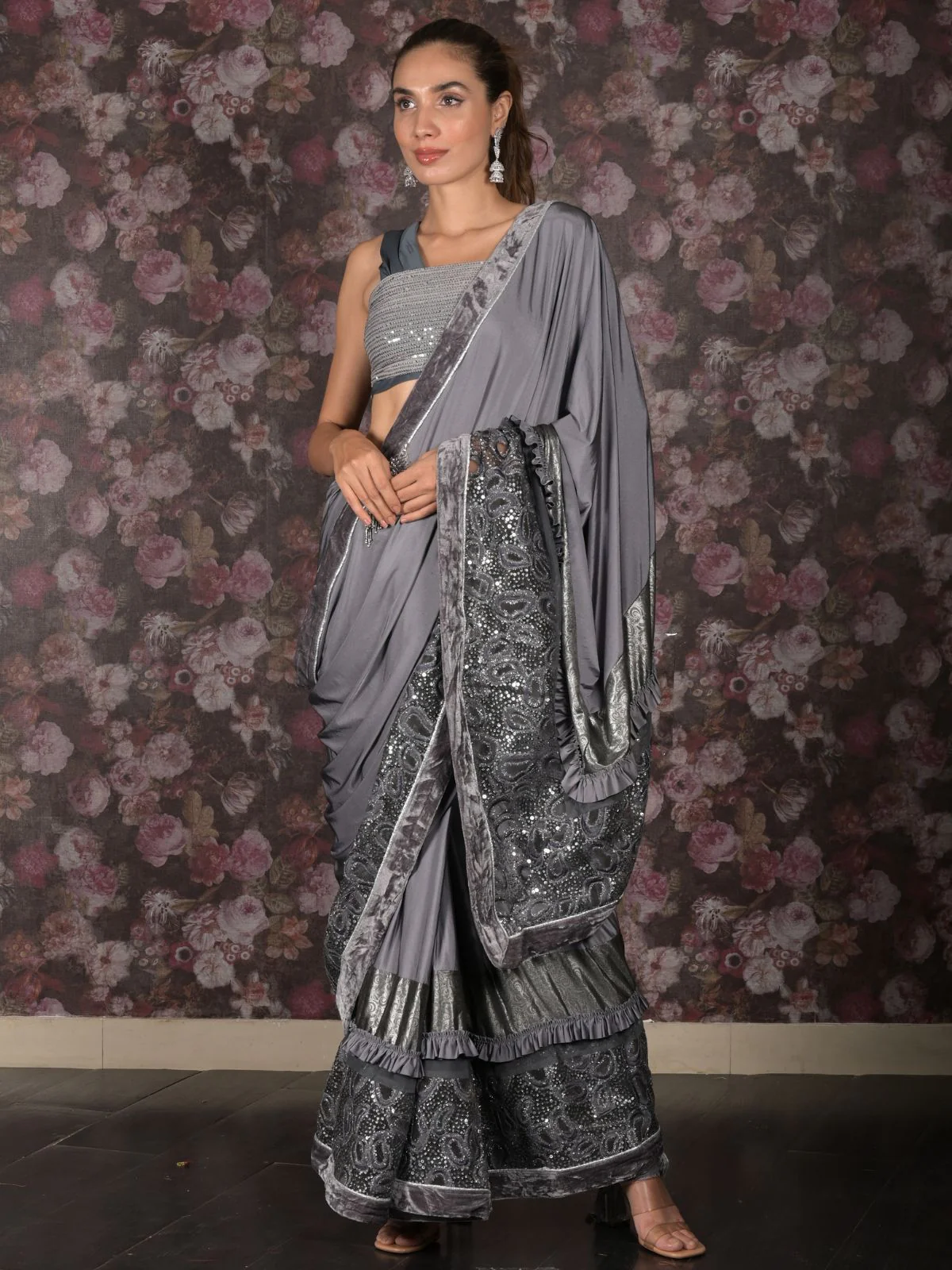 Odette Grey Embellished Lycra Saree With Unstitched Blouse For Women - Image 3
