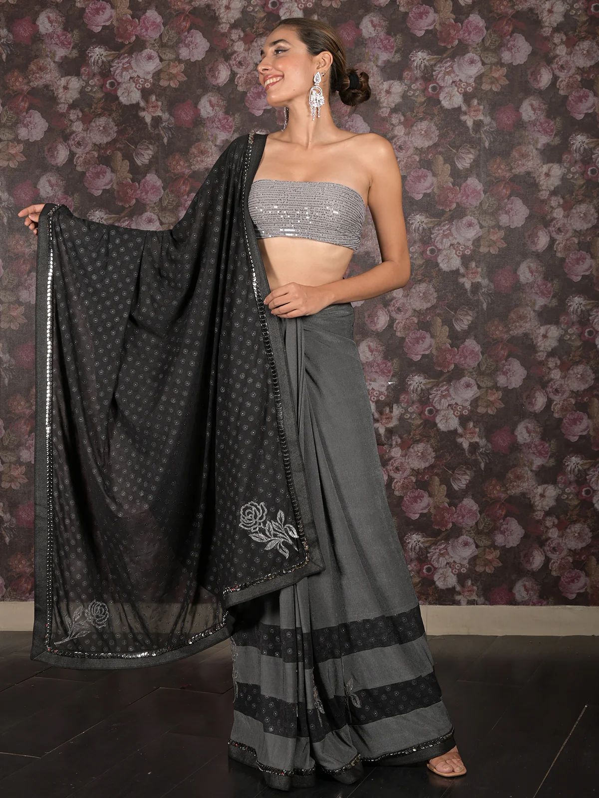 Odette Grey Embellished Lycra Saree with Unstitched Blouse for Women - Image 5