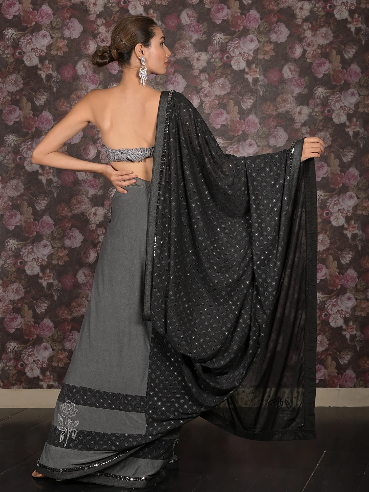 Odette Grey Embellished Lycra Saree with Unstitched Blouse for Women - Image 6
