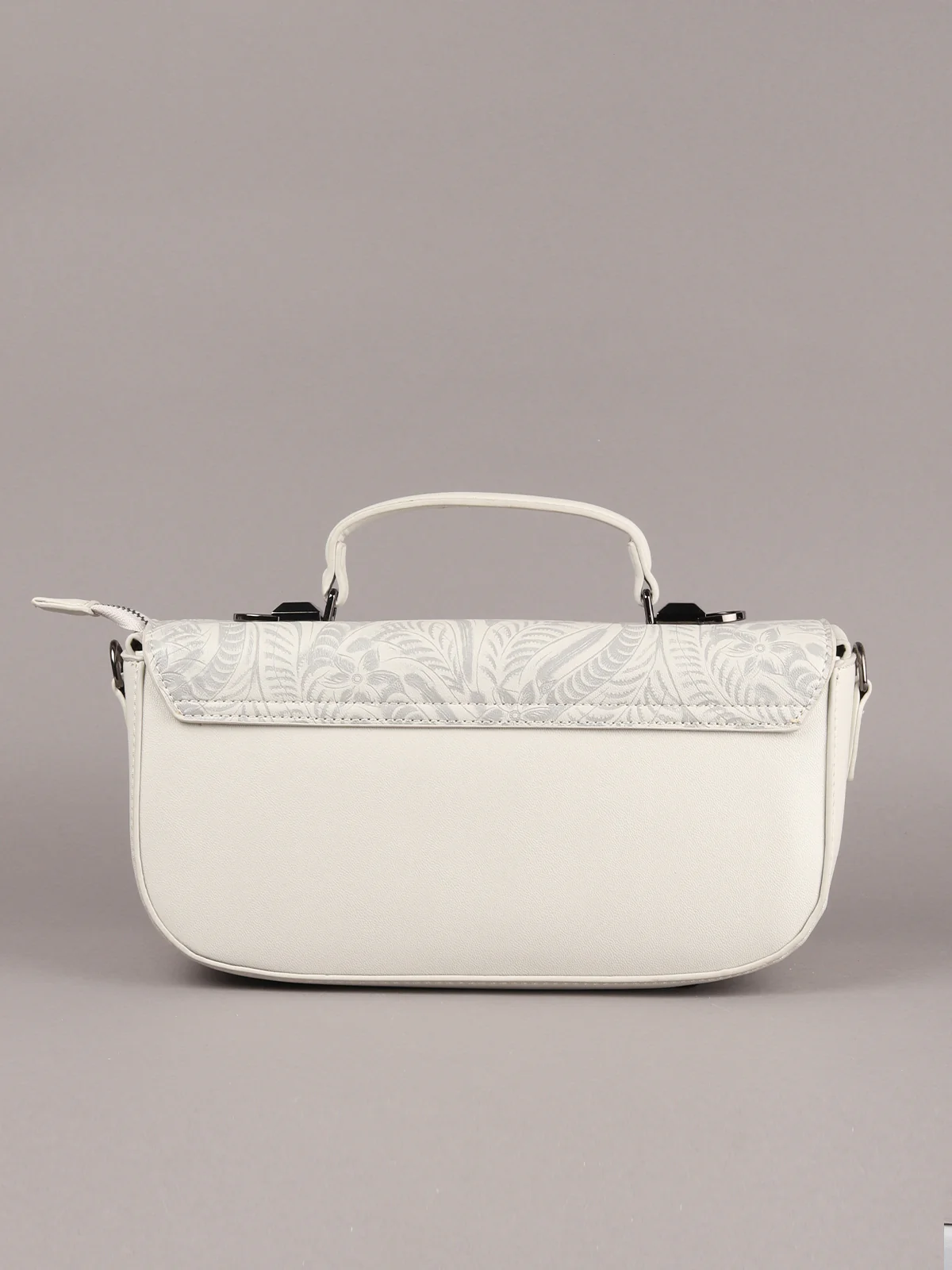 Odette Grey And White Embossed Hand Bag With Wallet For Women - Image 4