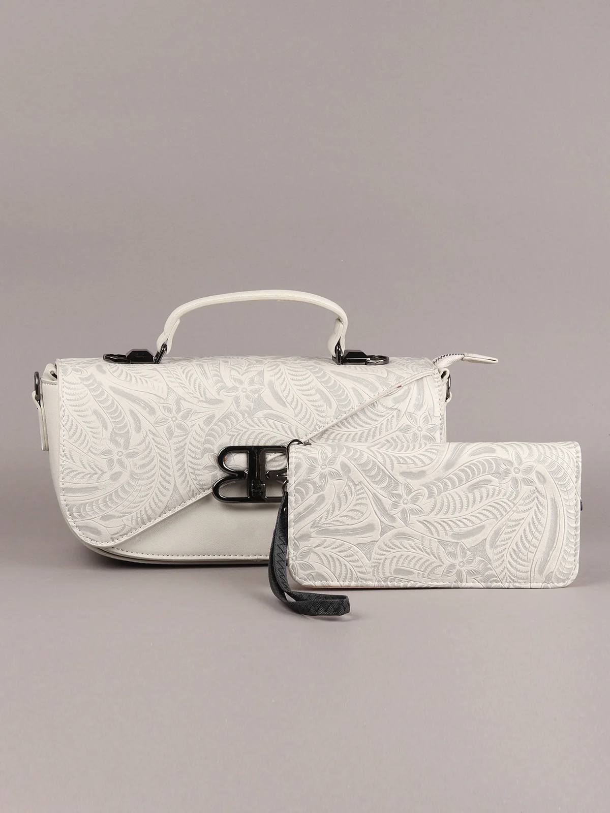 Odette Grey And White Embossed Hand Bag With Wallet For Women - Image 6