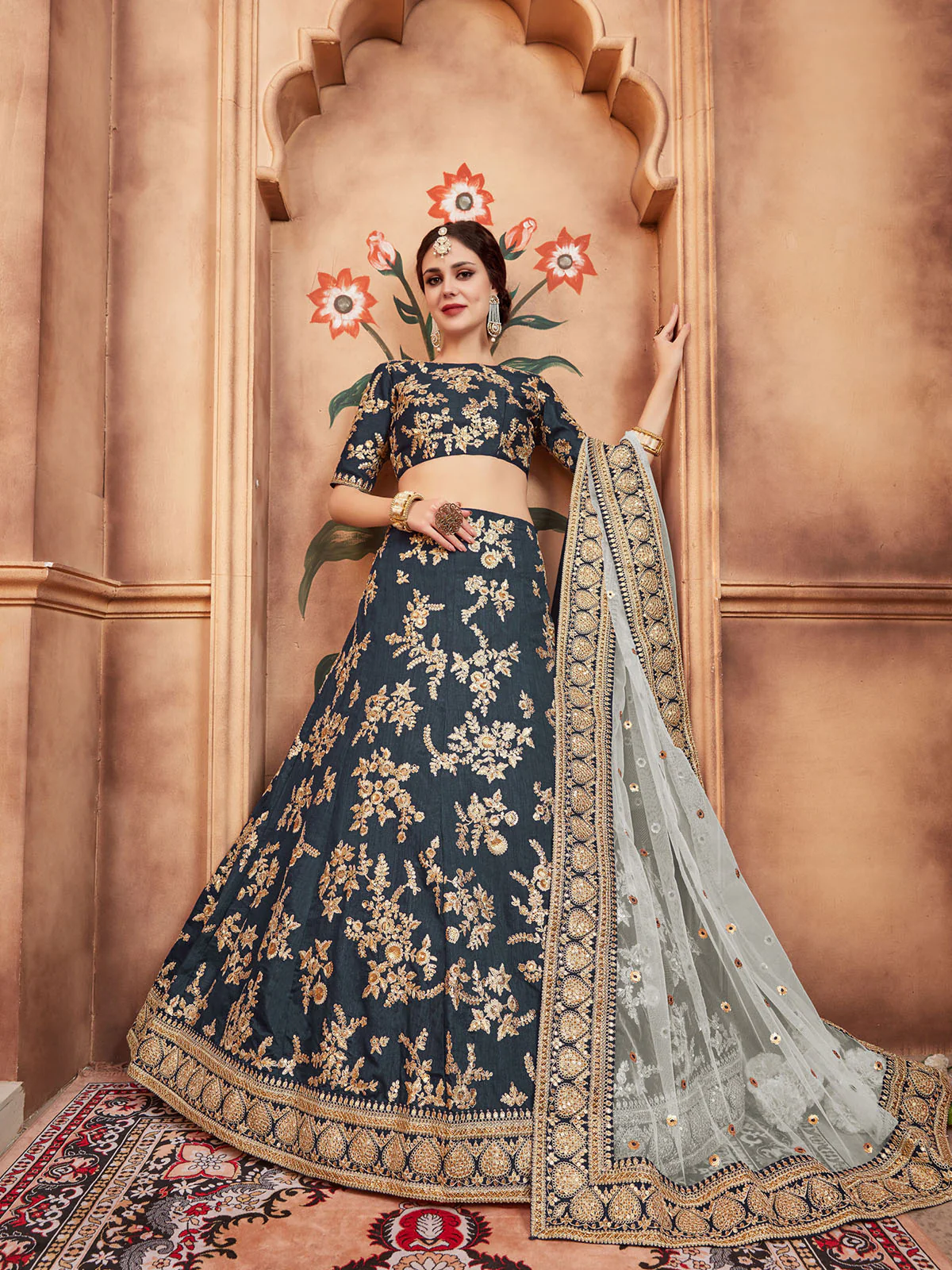 Odette Grey Embroidered Art Silk Semi Stitched Lehenga With Blouse For Women - Image 2