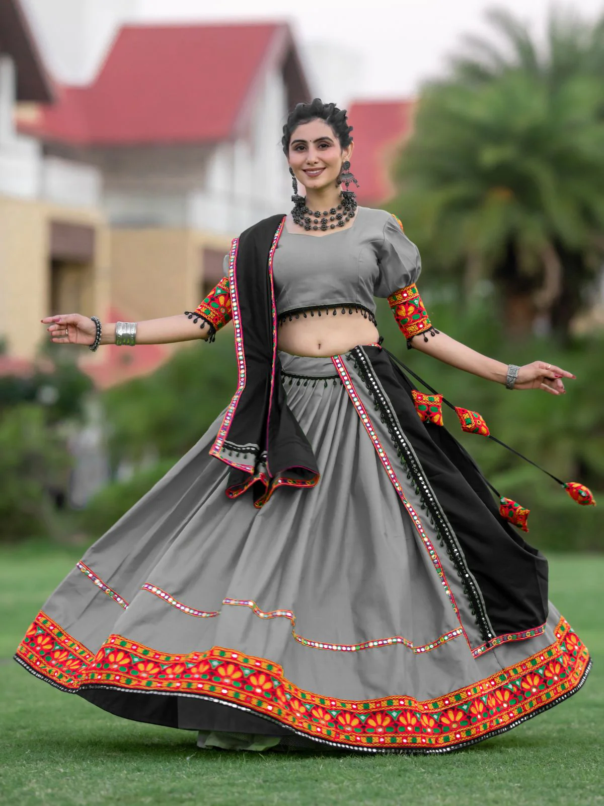 Odette Grey Embroidered Cotton Semi Stitched Lehenga With Unstitched Blouse For Women - Image 4