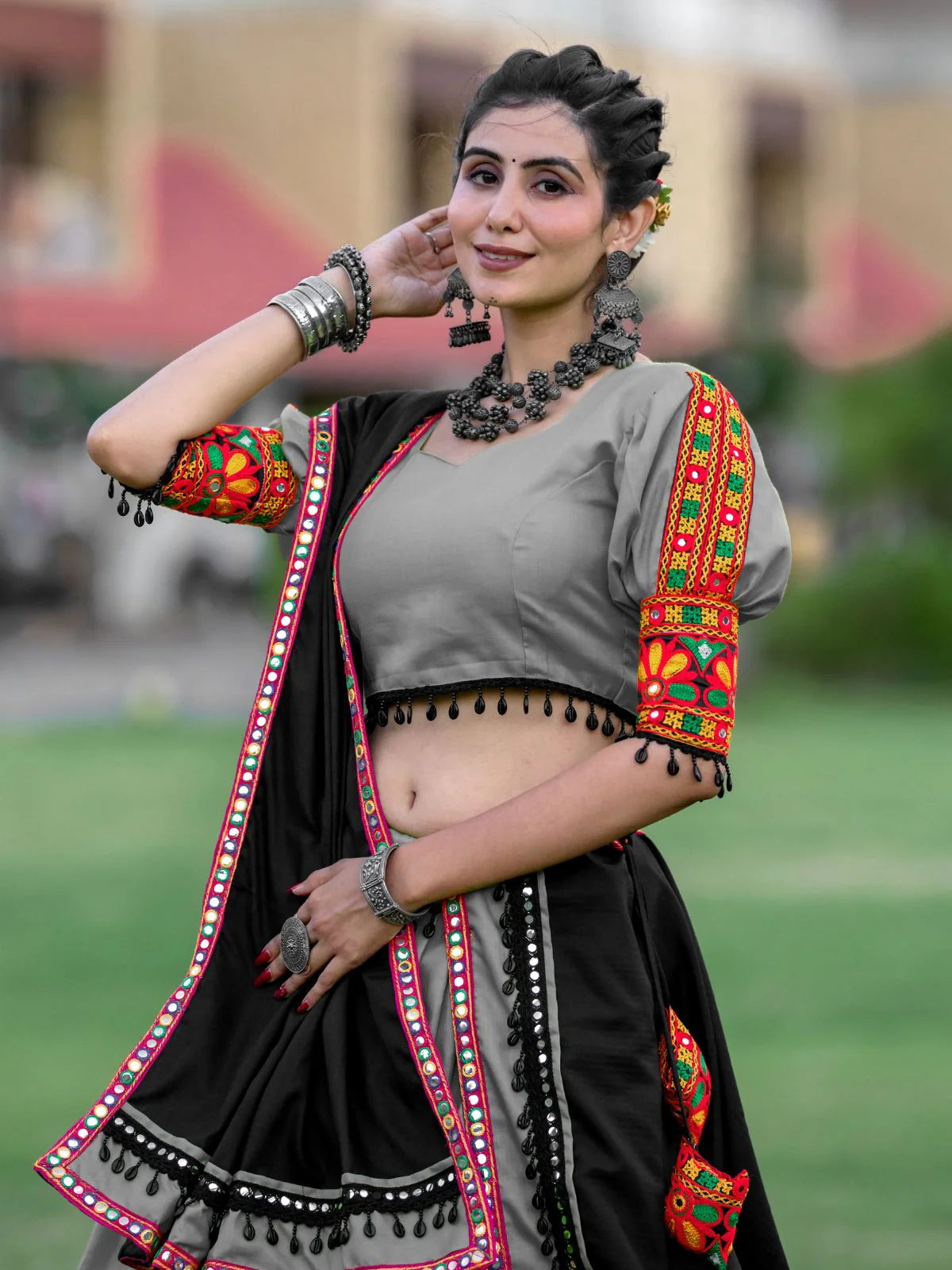 Odette Grey Embroidered Cotton Semi Stitched Lehenga With Unstitched Blouse For Women - Image 6