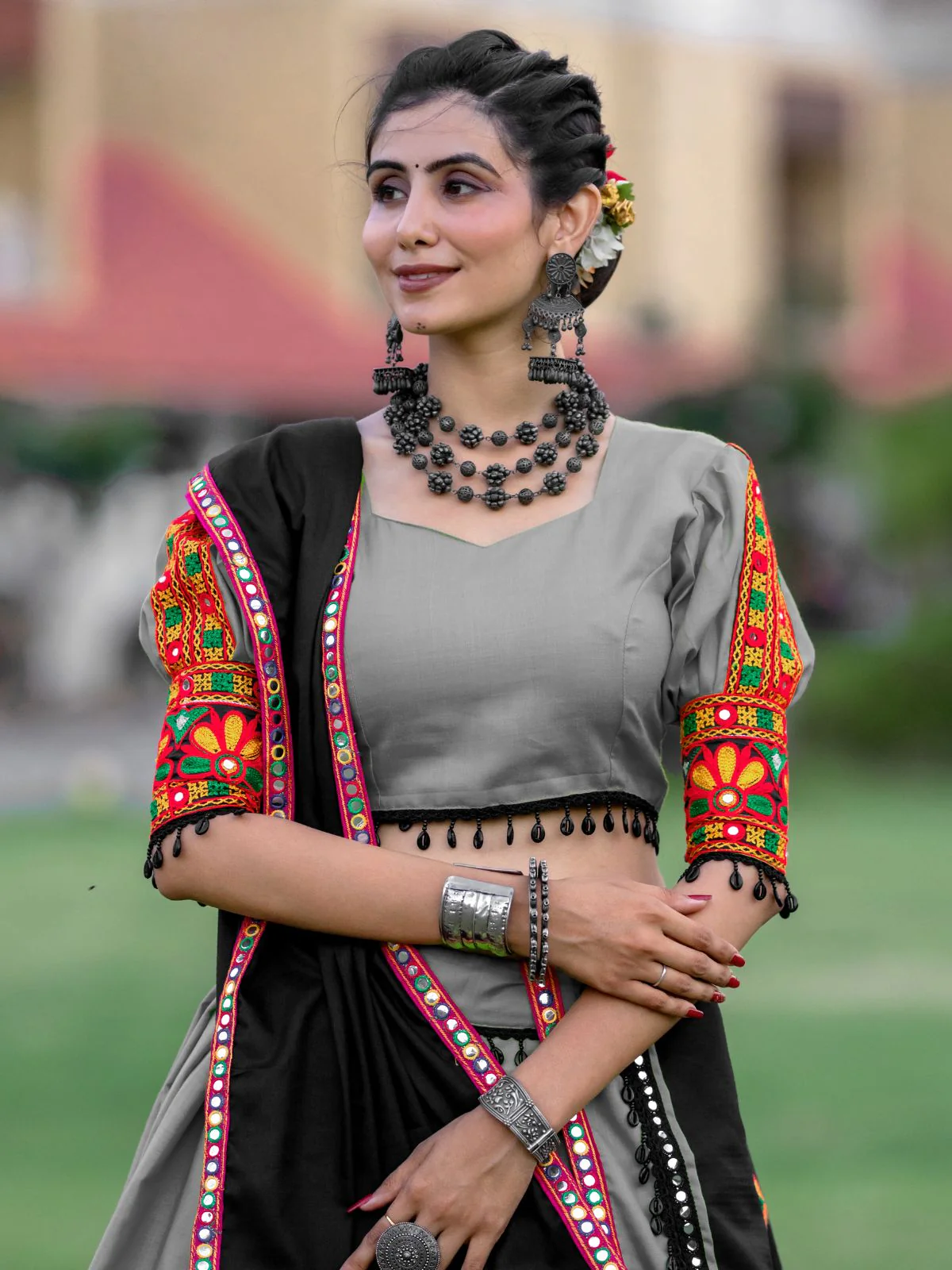 Odette Grey Embroidered Cotton Semi Stitched Lehenga With Unstitched Blouse For Women - Image 7