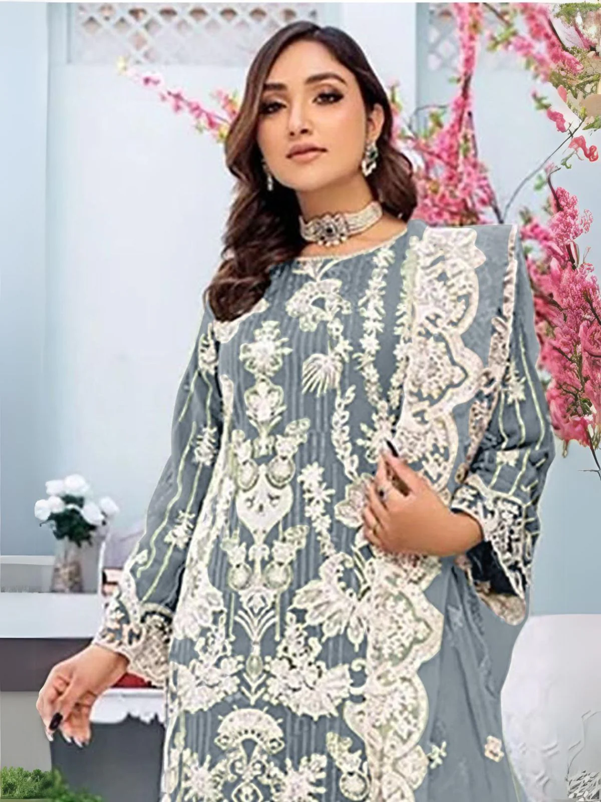 Odette Grey Embroidered Georgette Semi Stitched Kurta Set For Women - Image 2