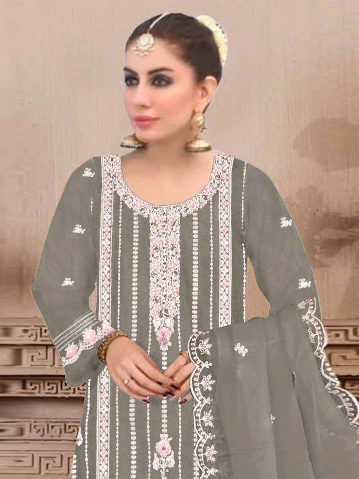 Odette Grey Embroidered Georgette Semi Stitched Kurta Set With Dupatta For Women - Image 2