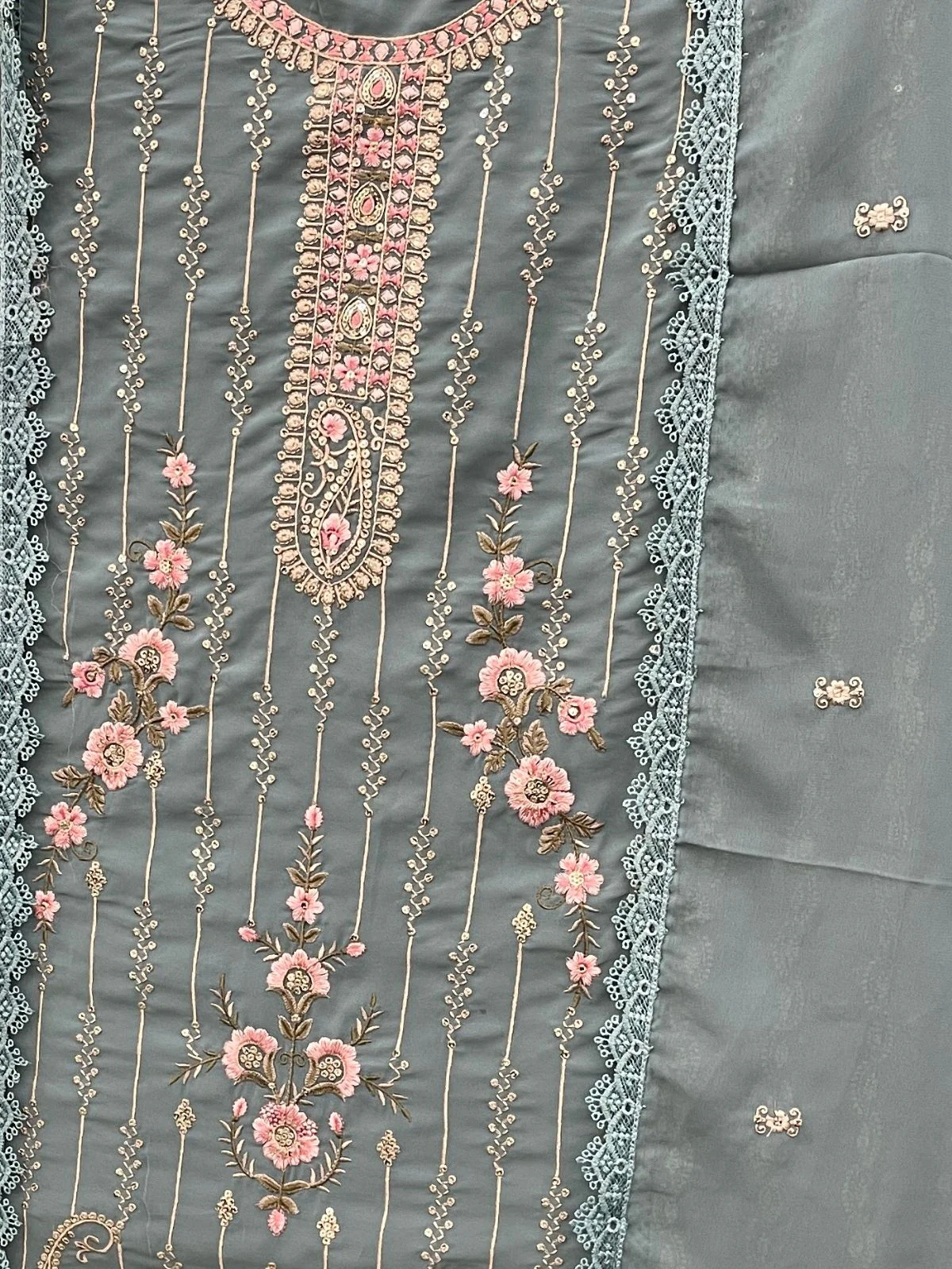 Odette Grey Embroidered Georgette Semi Stitched Kurta Set with Dupatta For Women - Image 3