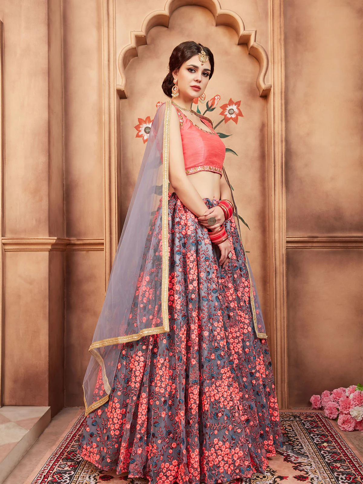 Odette Grey Embroidered Soft Net Semi Stitched Lehenga With Blouse For Women - Image 3