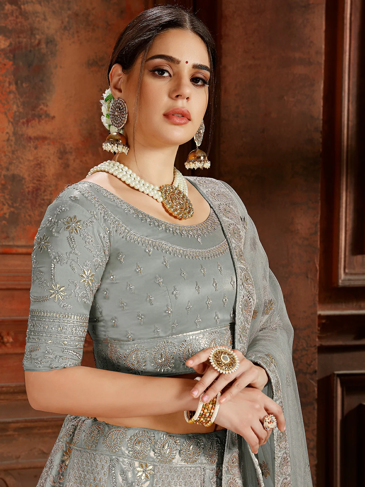 Odette Grey Embroidered Soft Net Semi Stitched Lehenga With Blouse For Women - Image 2